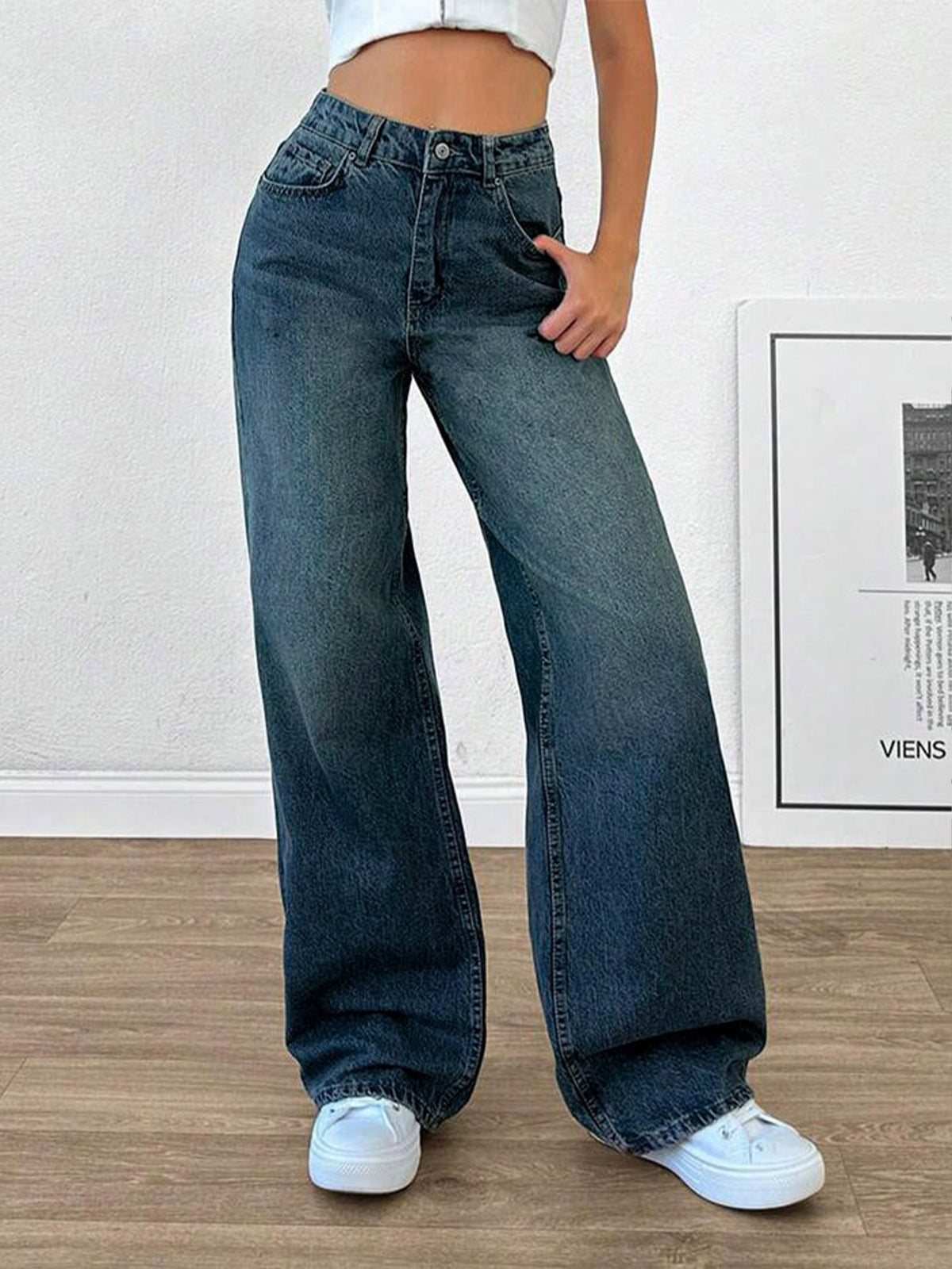 Cyber Blue Tinted Wide Leg Jeans
