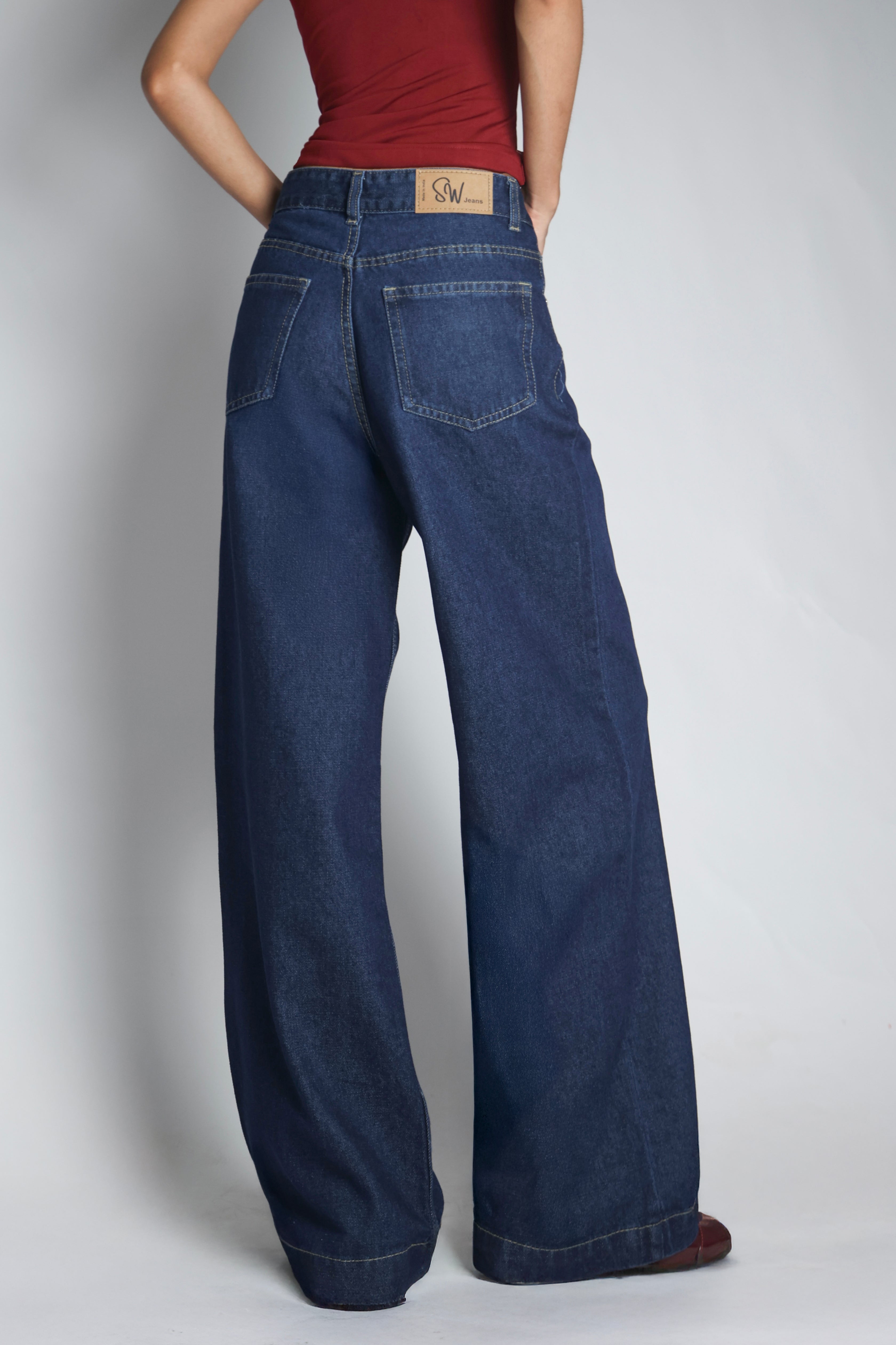 Ink Blue Raw Washed Wide Leg Jeans