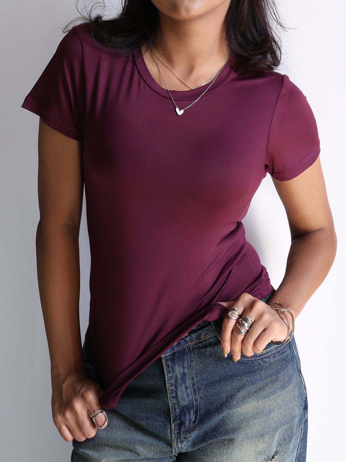 Plum Crew Neck Short Sleeve Slim Fit Top