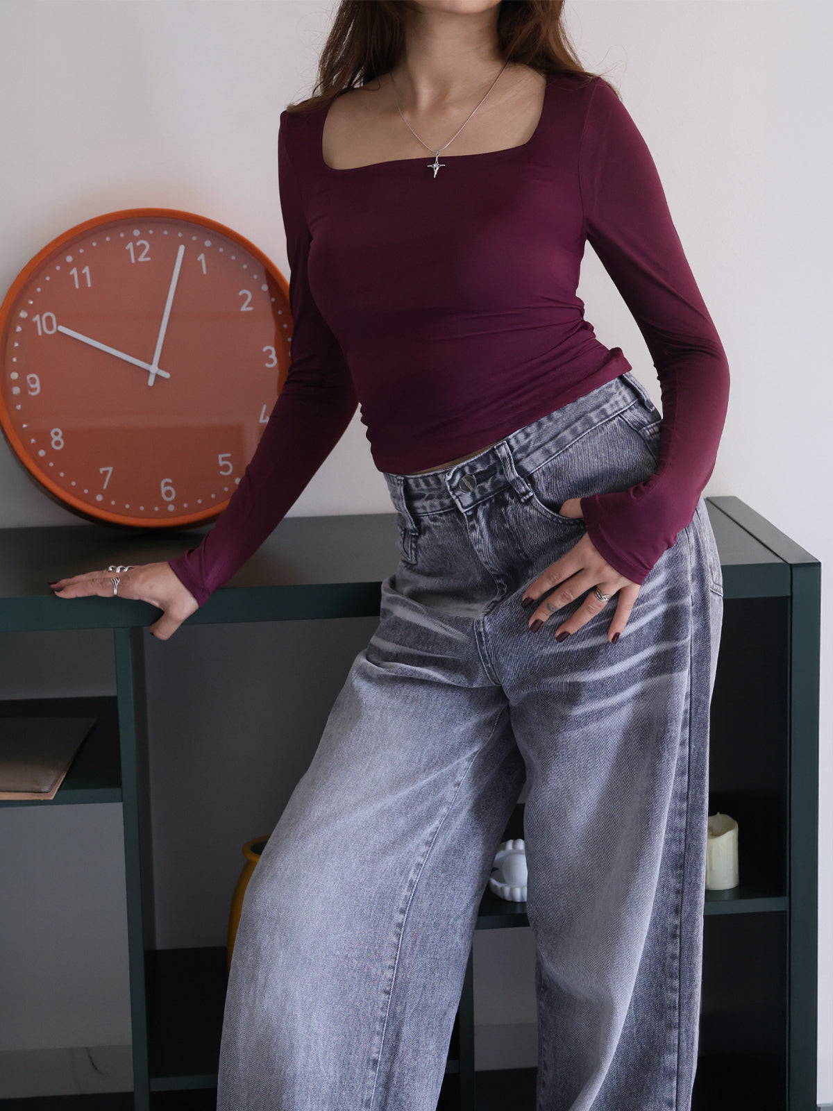 Plum Square Neck Long Sleeve Slim Fit Top