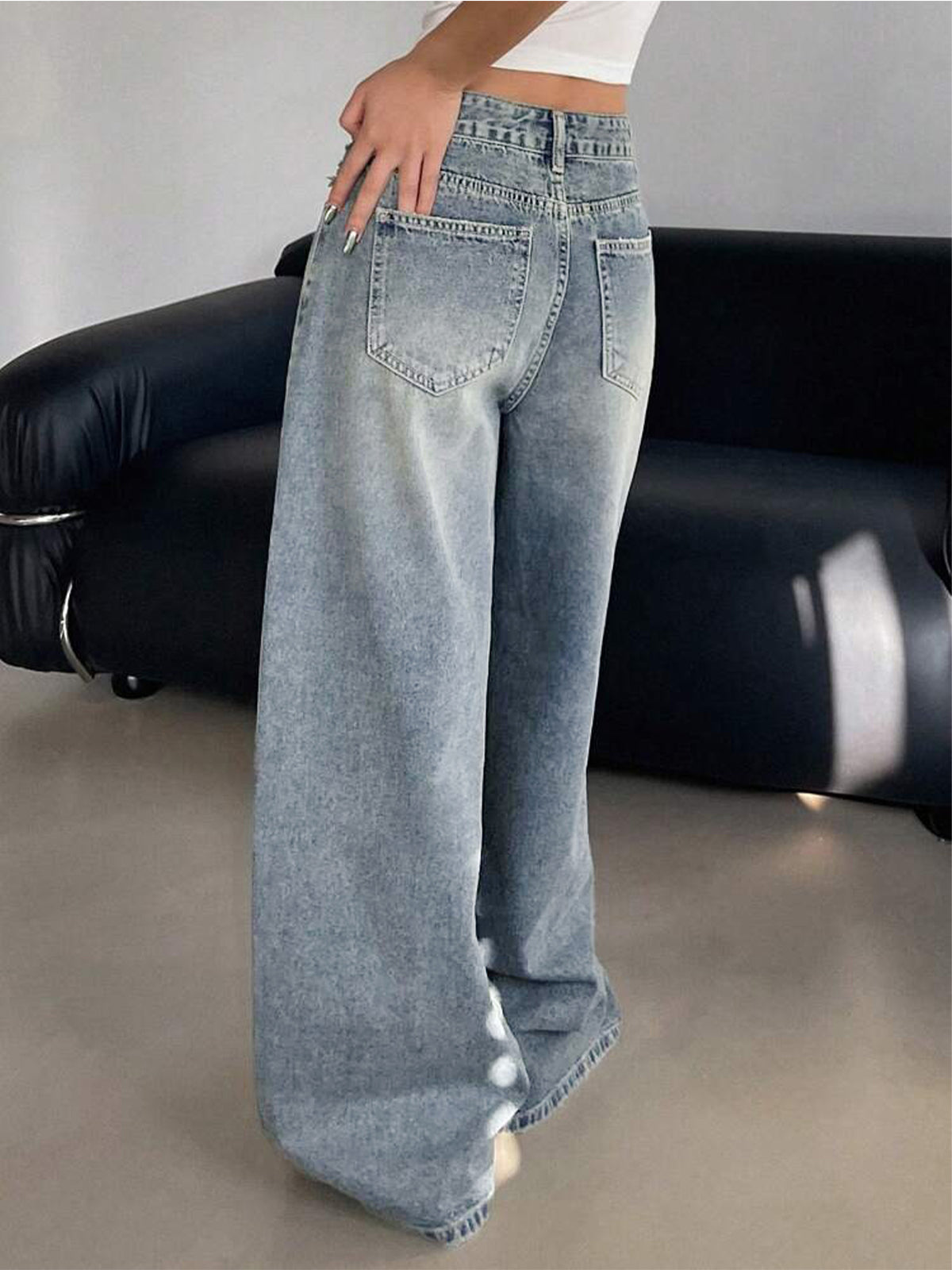 Smoke Blue Washed Wide Leg Jeans
