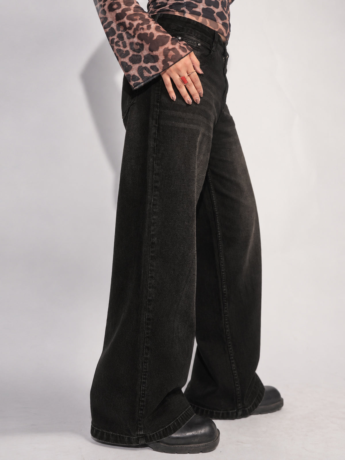 Starry Black Tinted Wide Leg Jeans