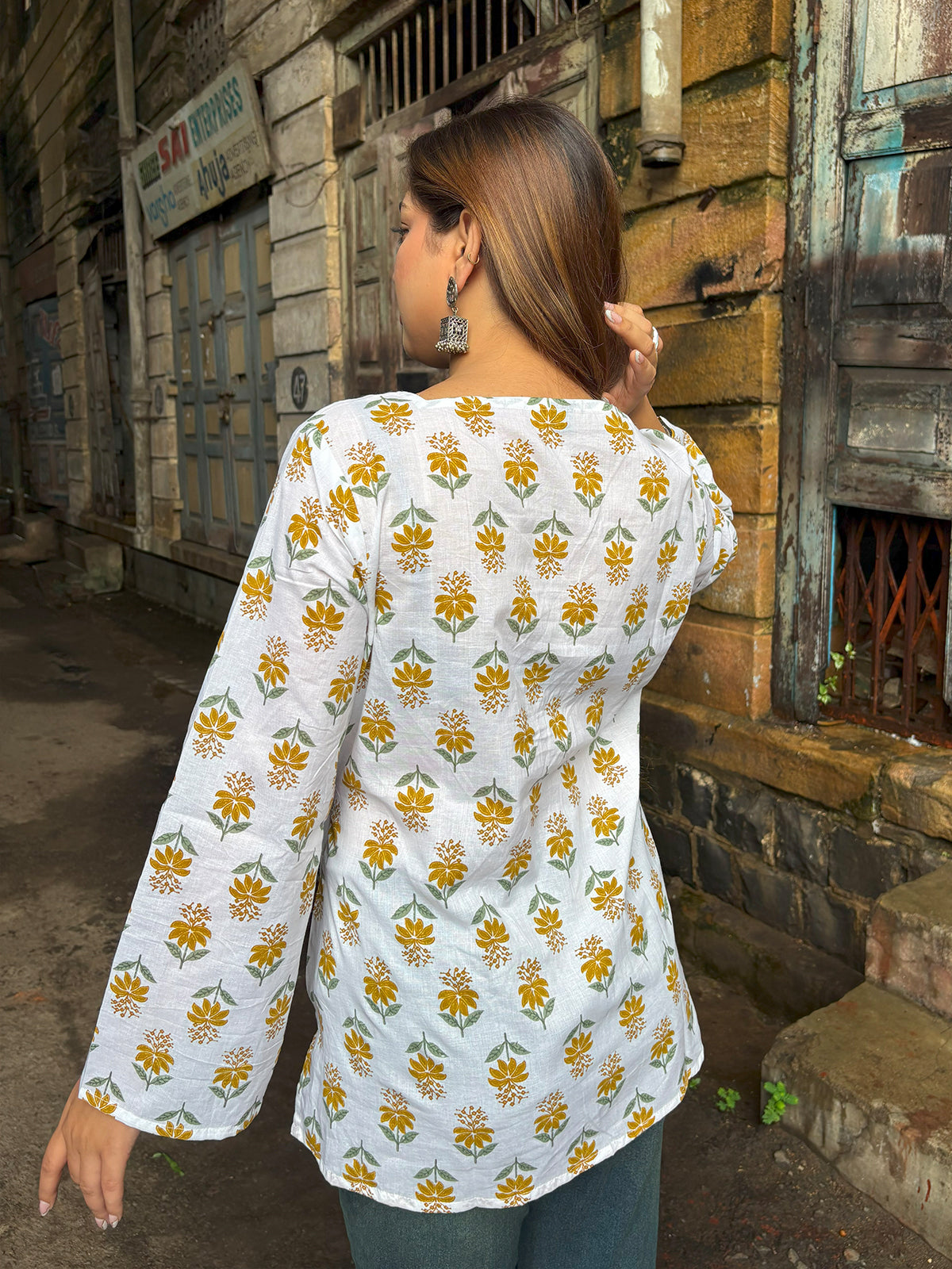 Saroj Square Neck Flared Sleeve Short Kurti