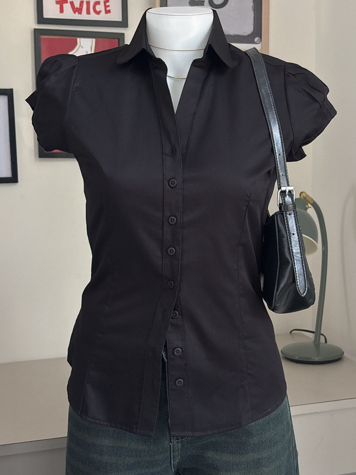 Black Short Sleeve Y2K Fitted Shirt