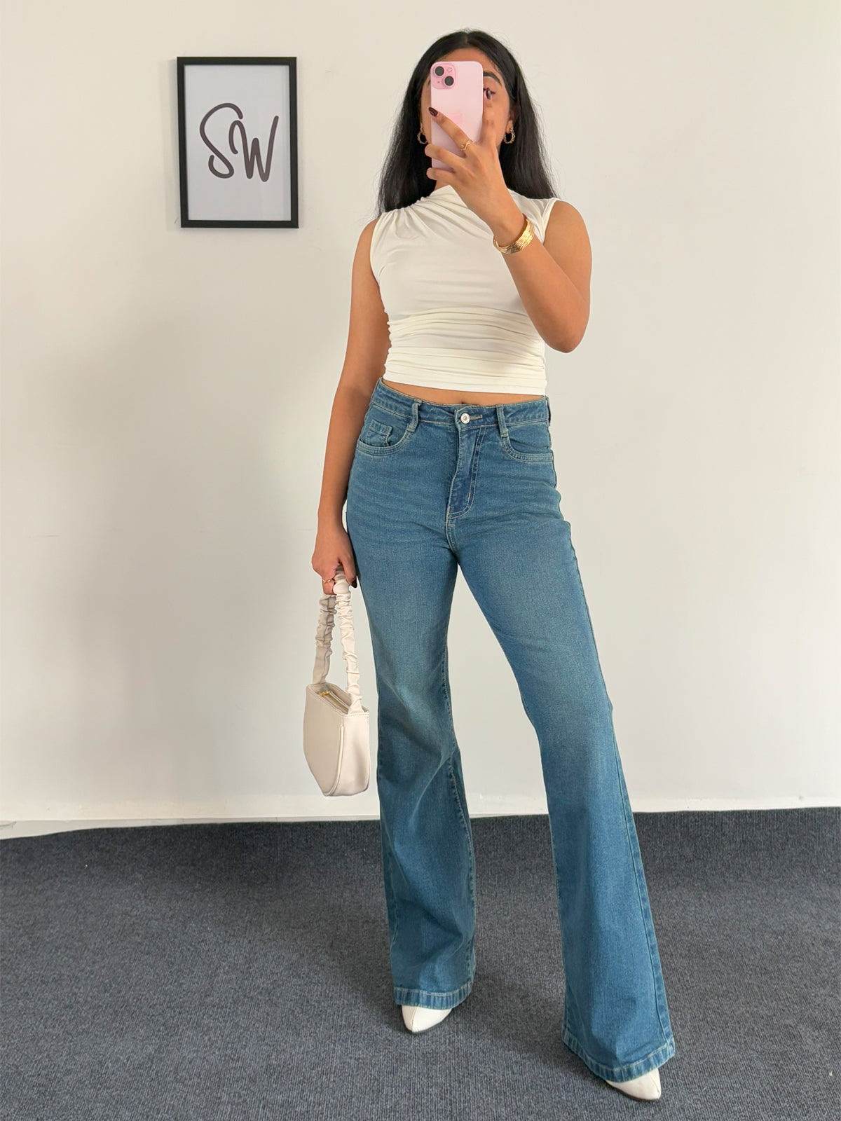 White Chic Gathered High Neck Top