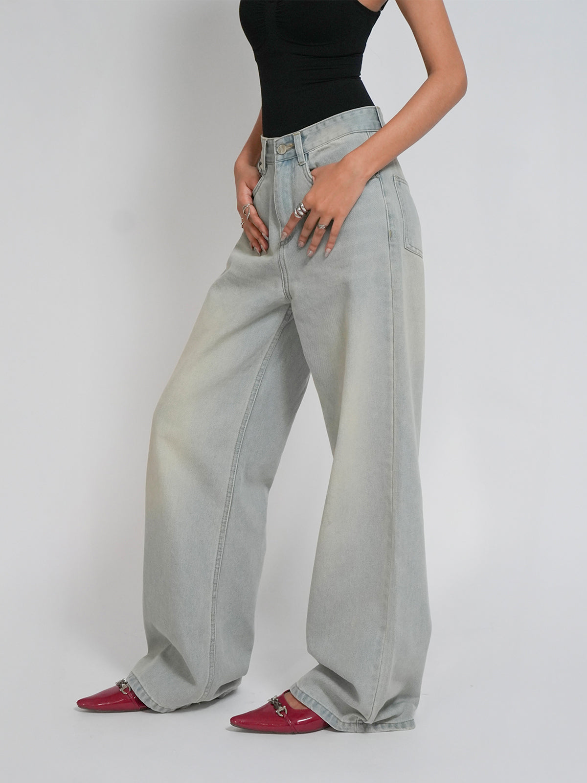 Pale Blue Dirty Wash Wide Leg Jeans