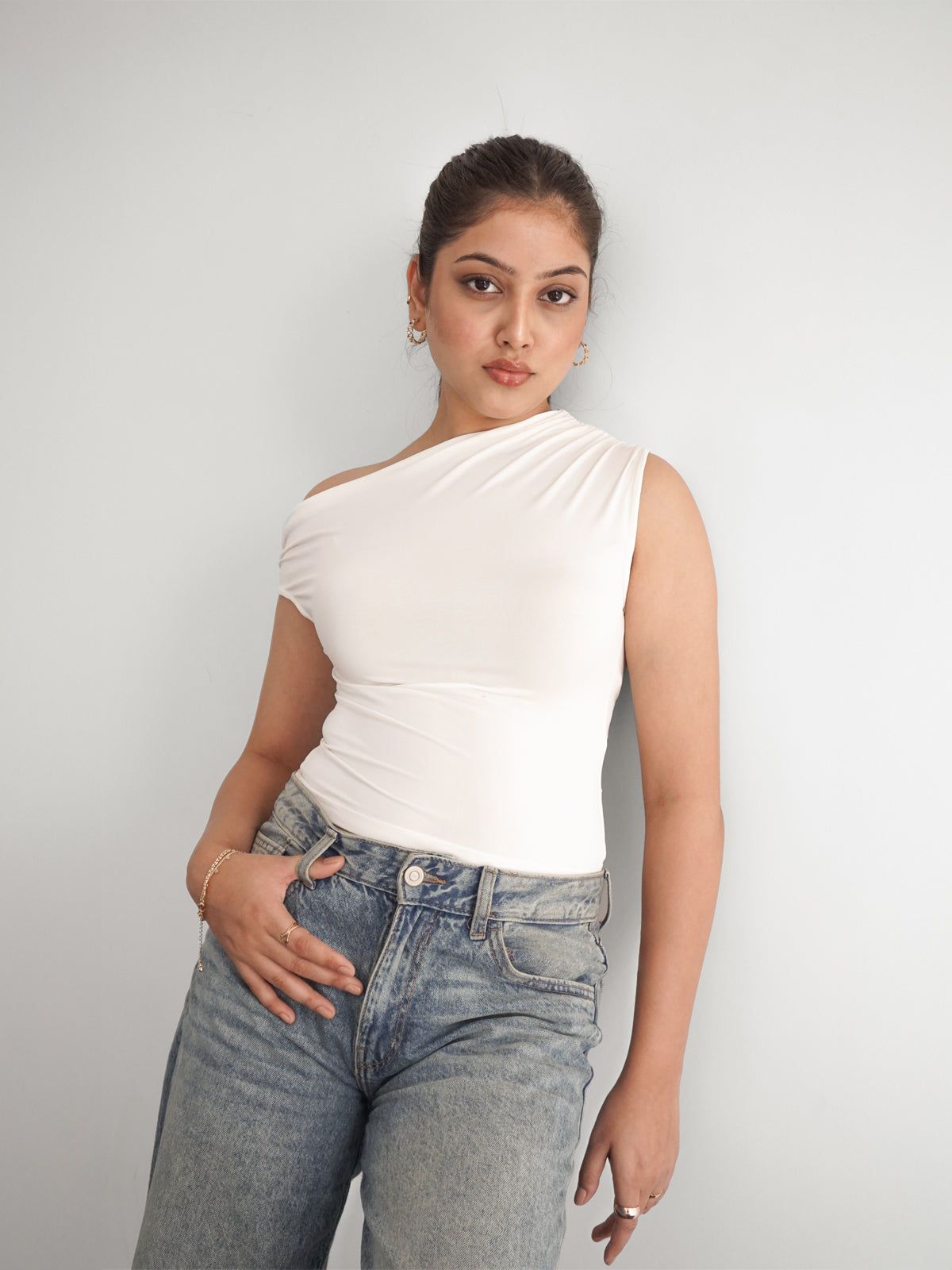 White Asymmetrical Neck Slim Fit Top