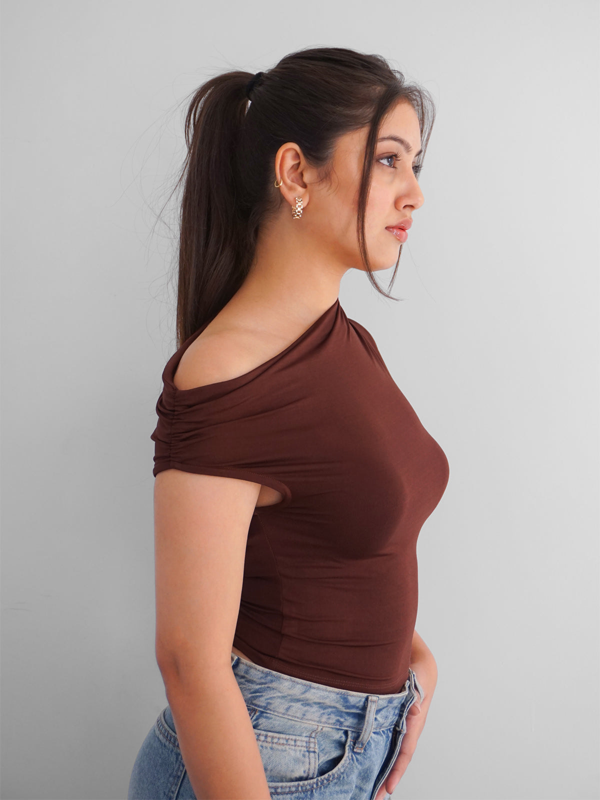 Brown Asymmetrical Neck Slim Fit Top