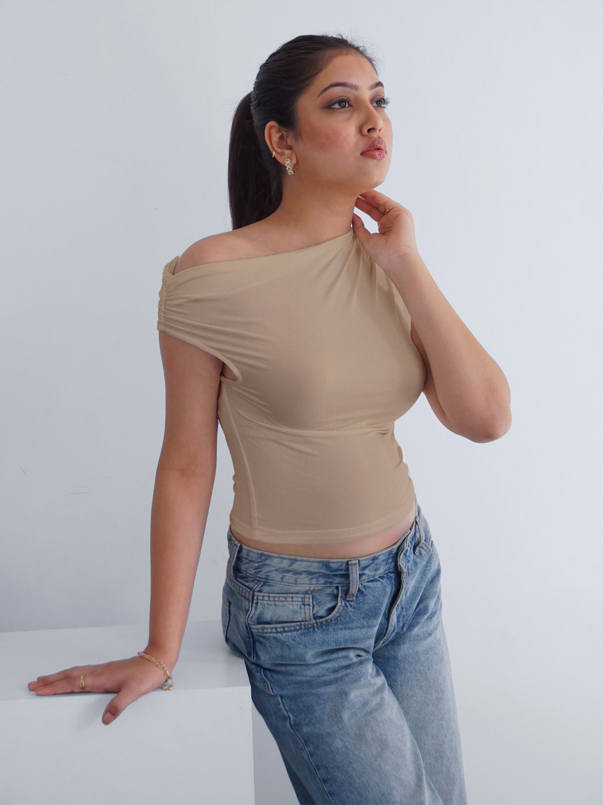 Beige Asymmetrical Neck Slim Fit Top