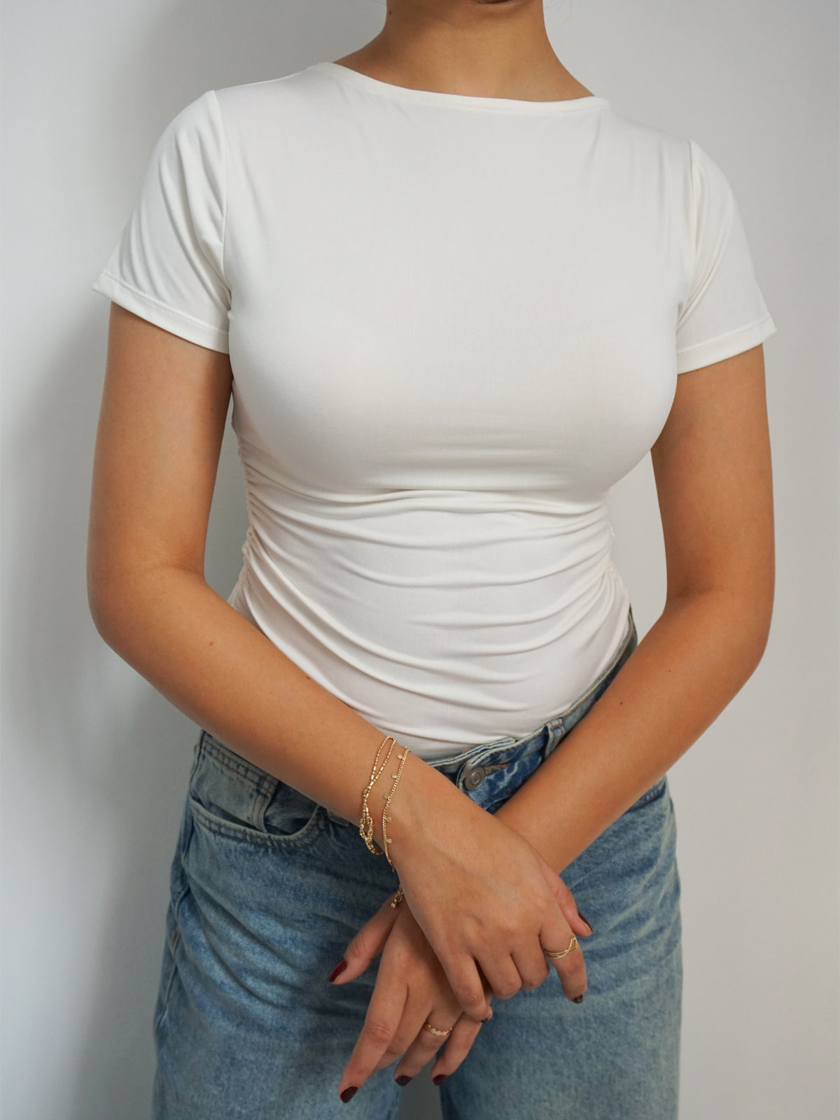 White Ruched Round Neck Top