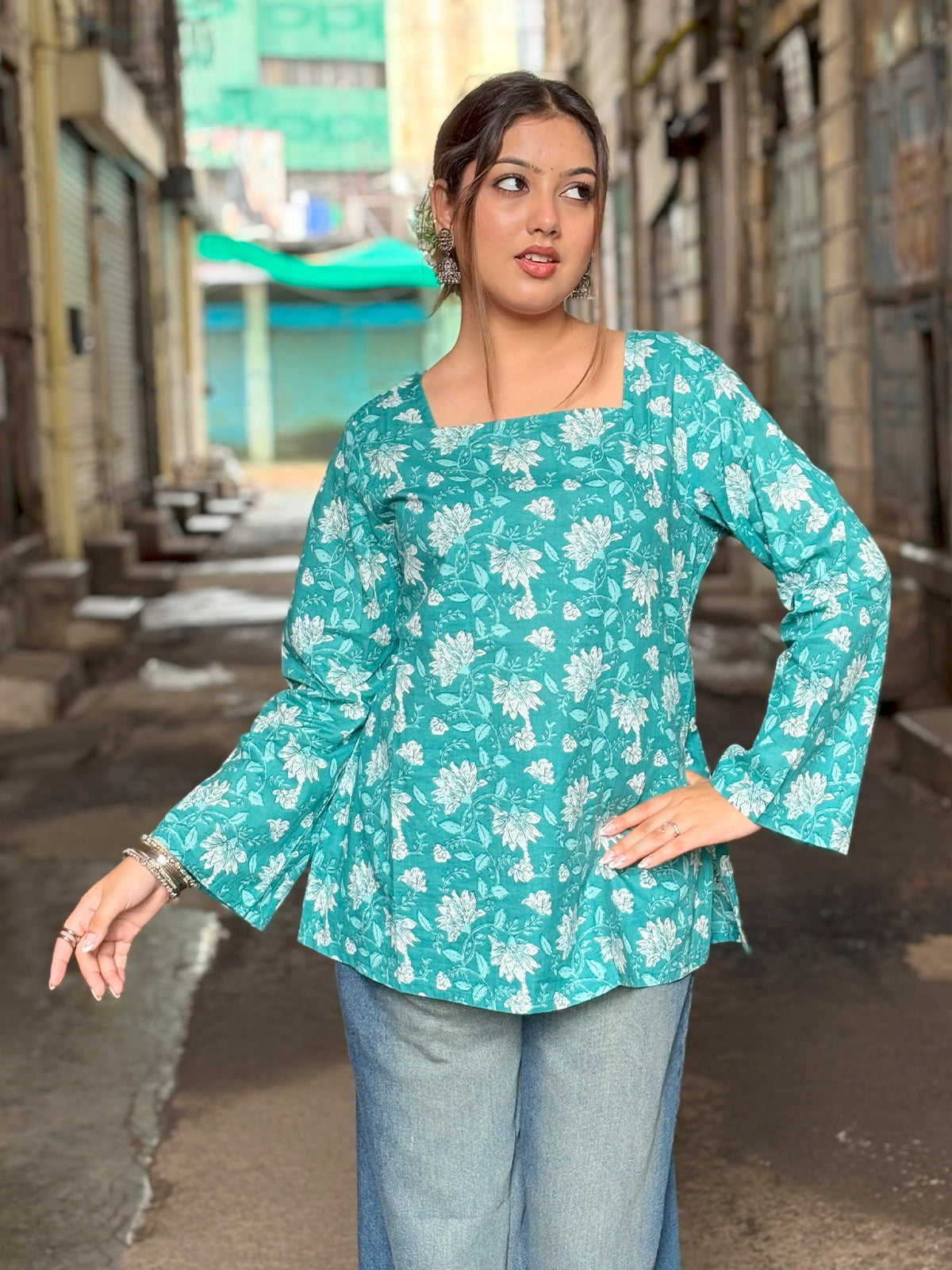 Leela Square Neck Flared Sleeve Short Kurti
