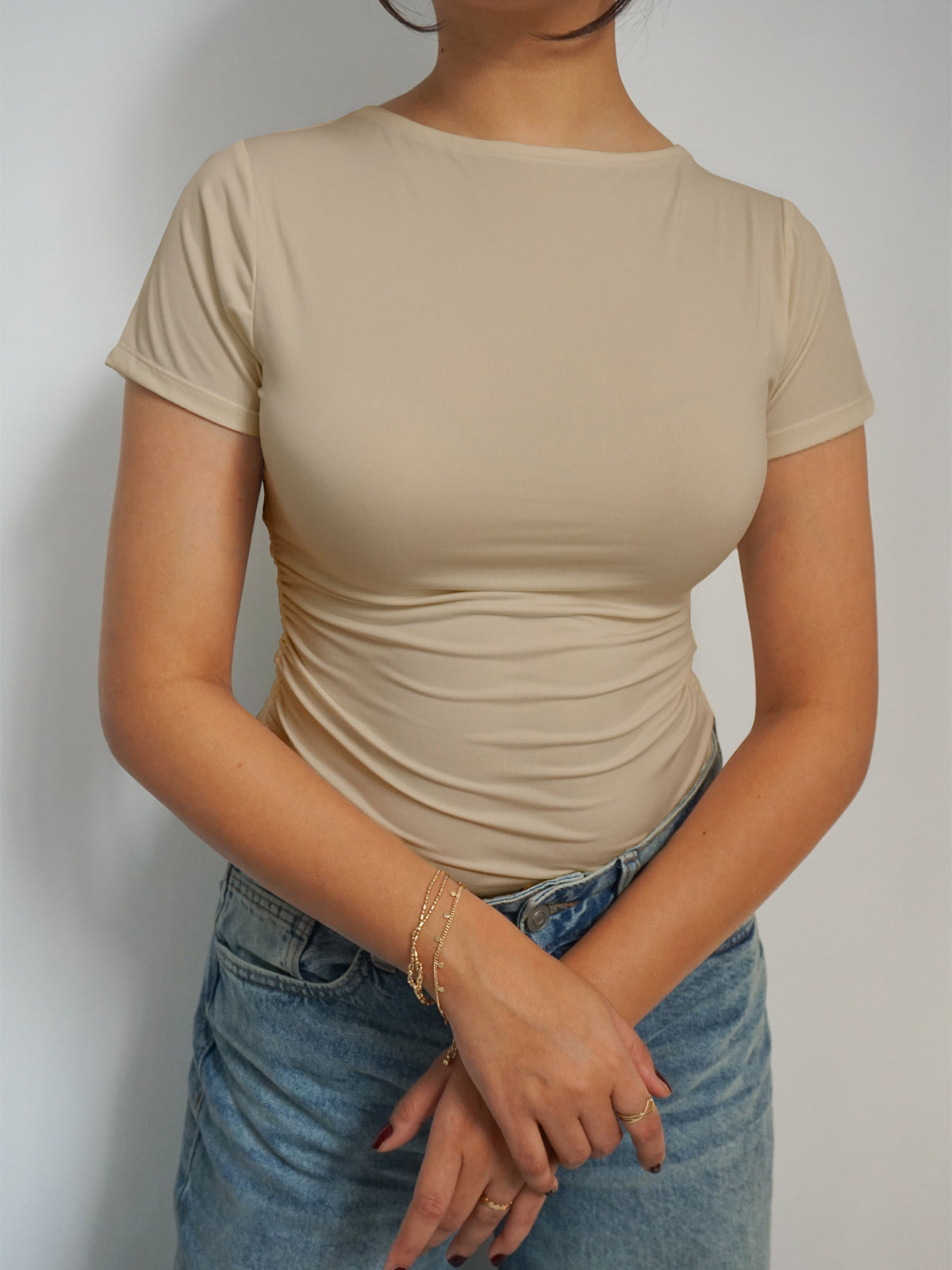 Beige Ruched Round Neck Top