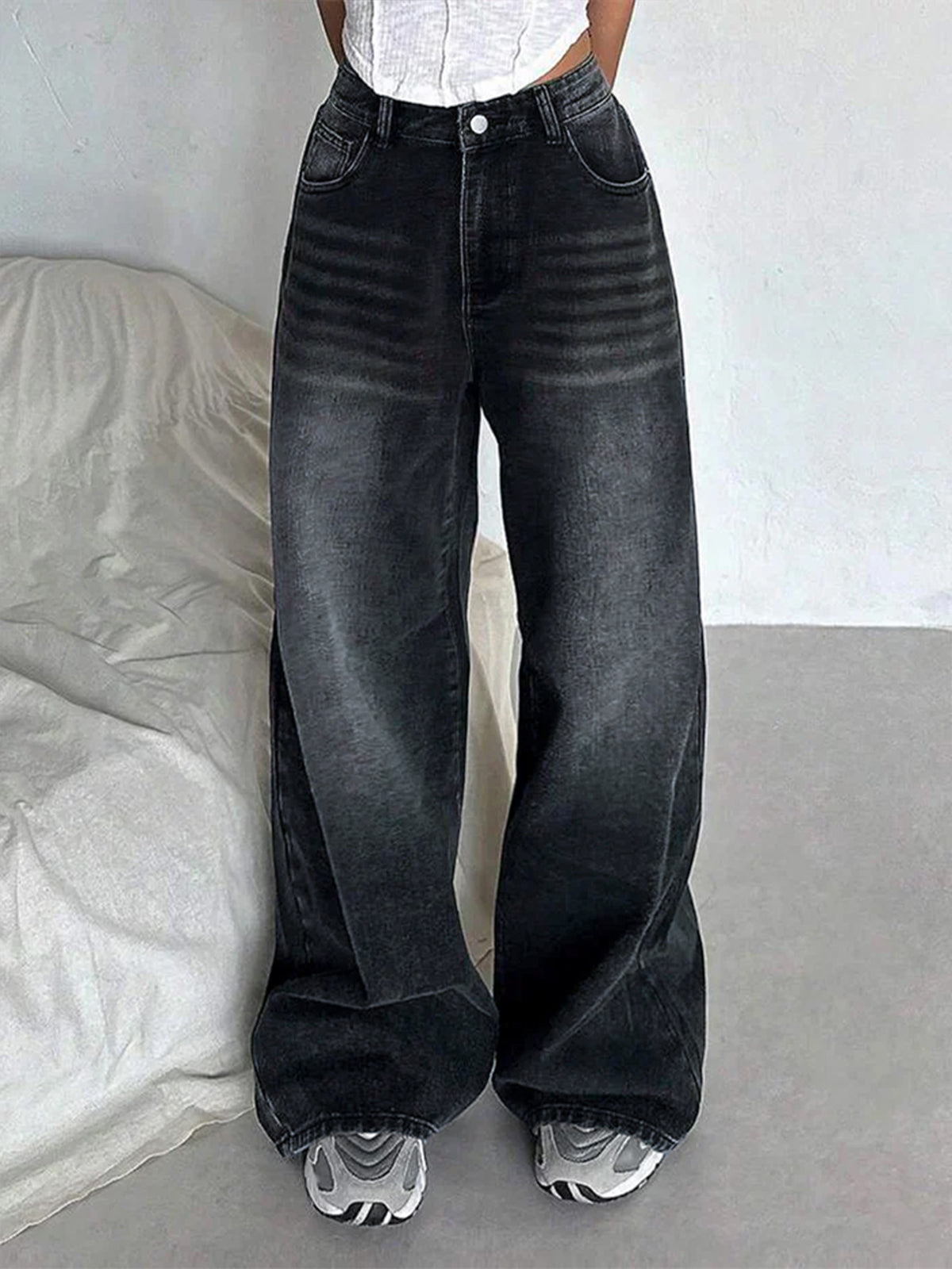 Retro Black Washed Super Wide Leg Jeans