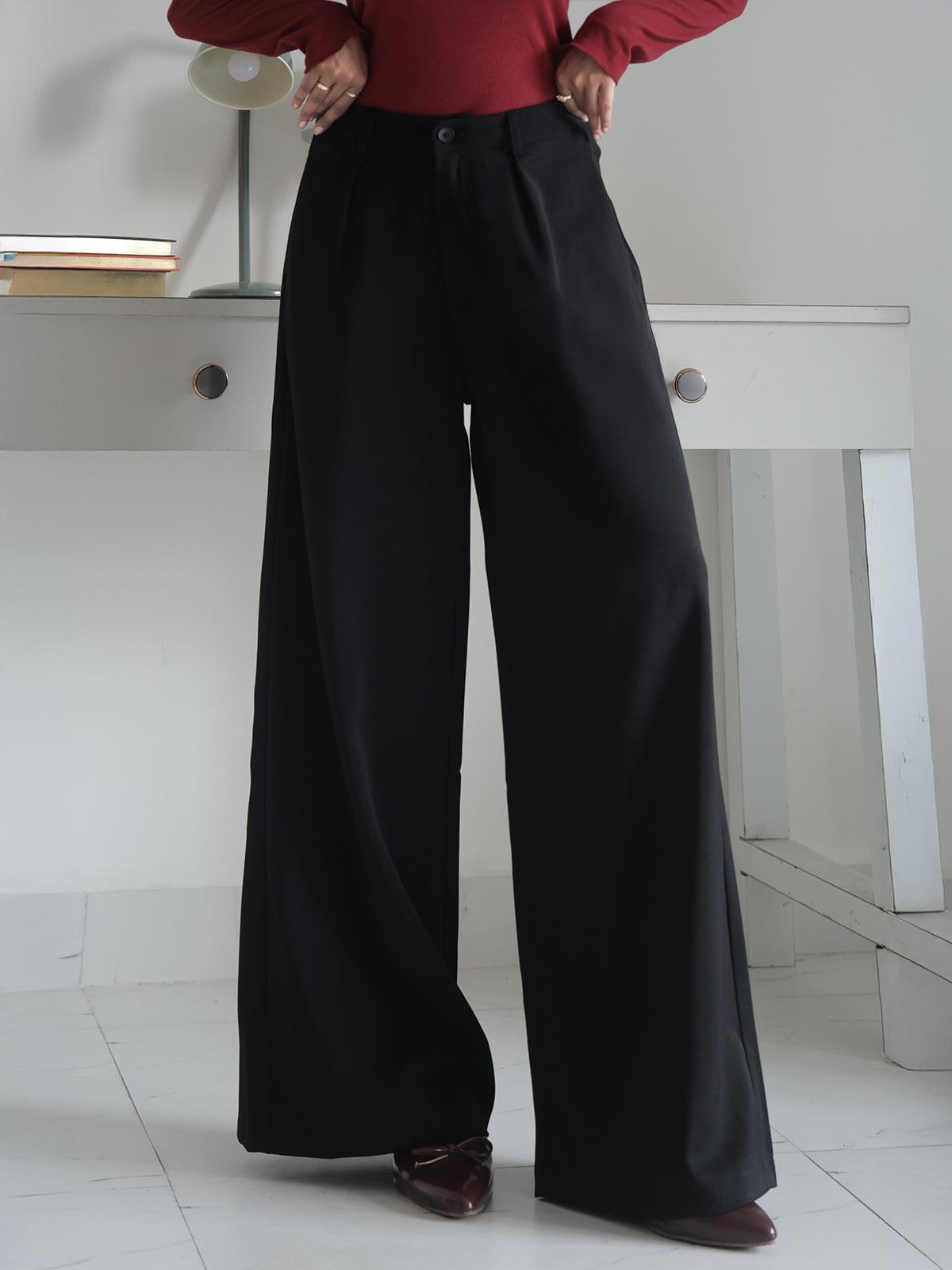 Black Pleated Wide Leg Korean Pants