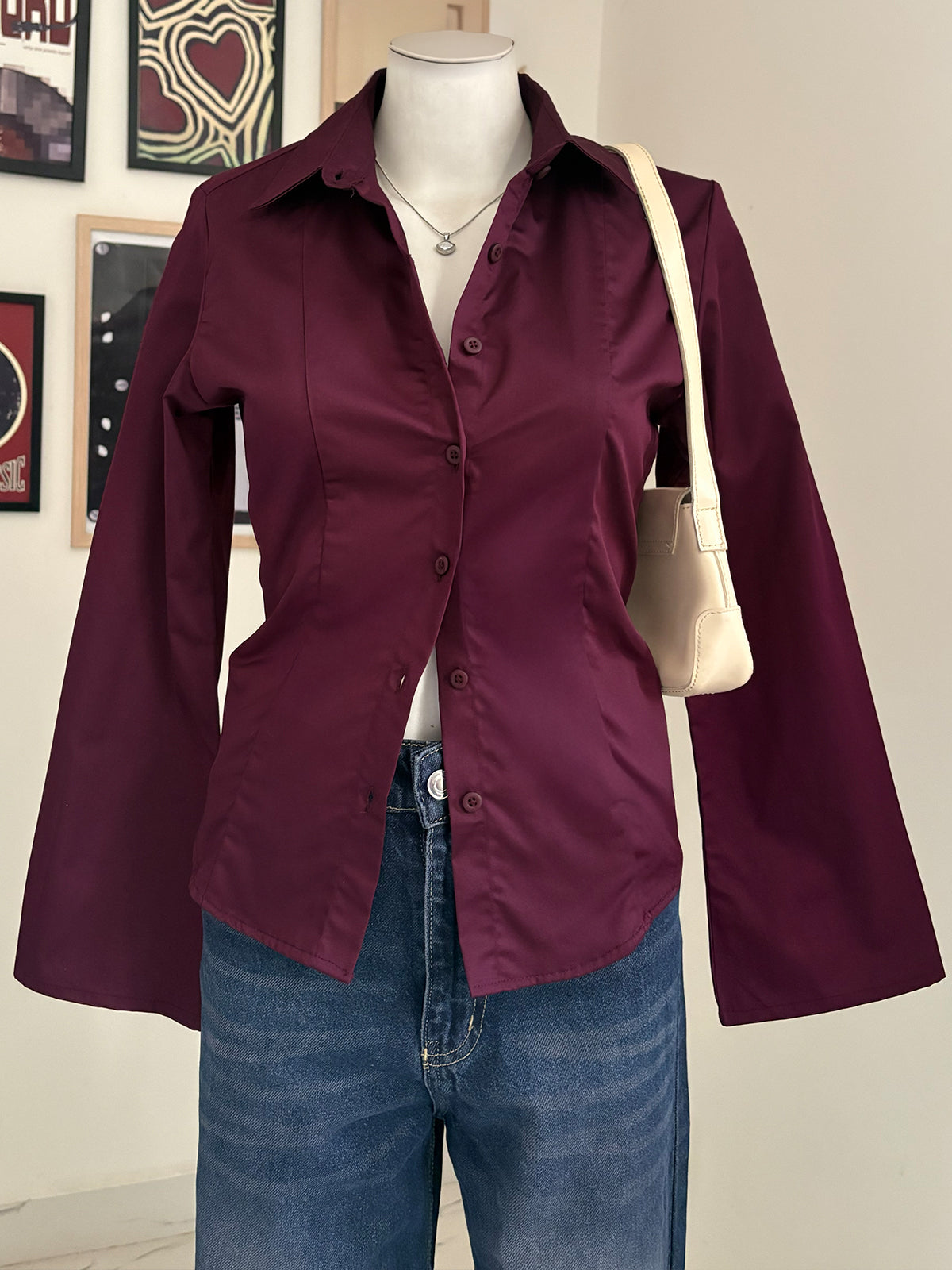 Plum Flared Sleeve Y2K Fitted Shirt