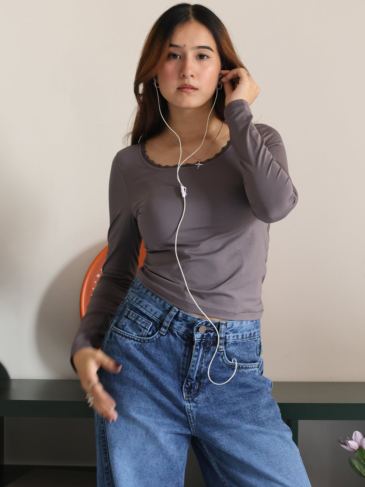 Dark Grey Scoop Neck Long Sleeve Lace Trim Slim Fit Top