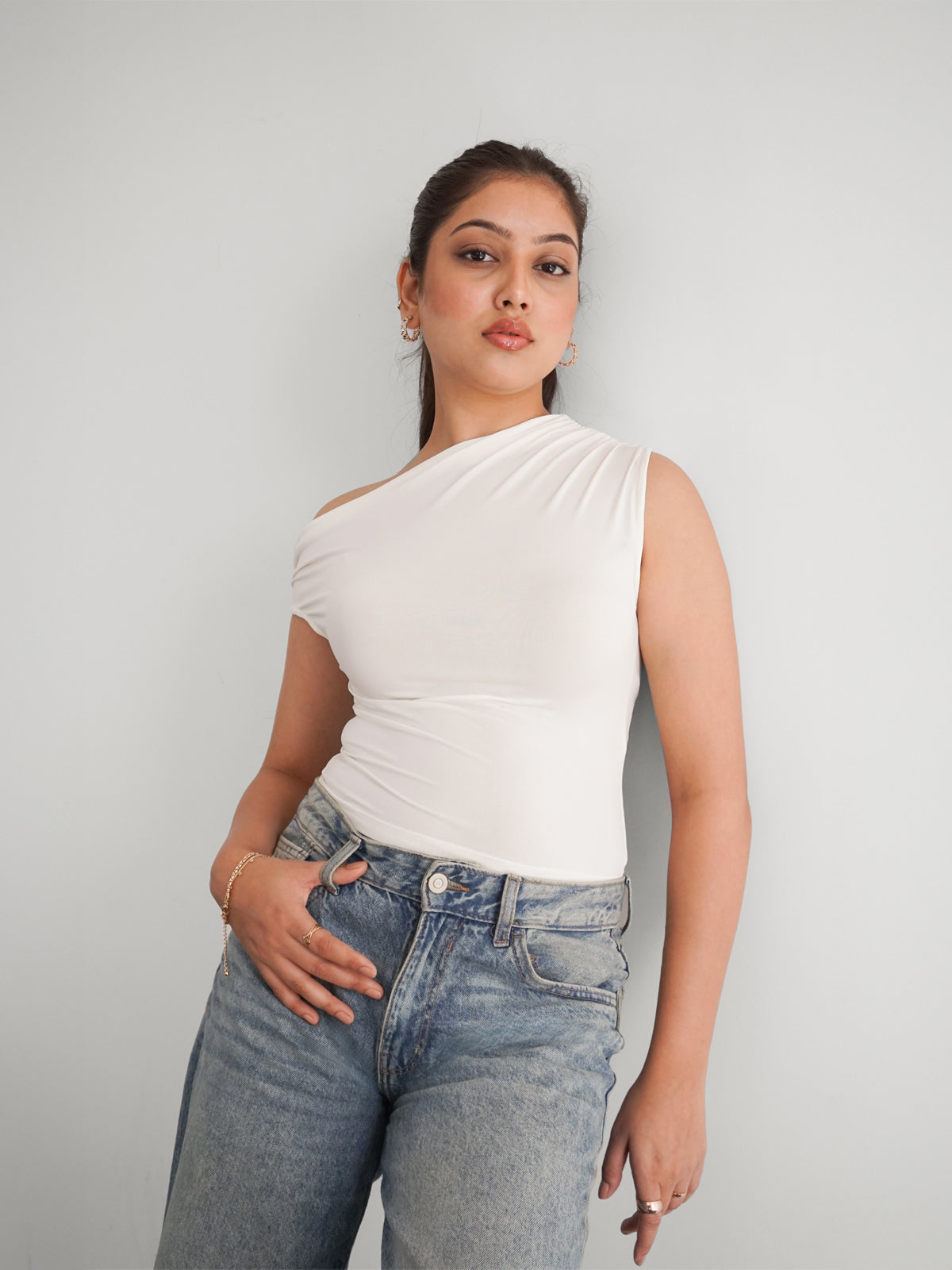 White Asymmetrical Neck Slim Fit Top
