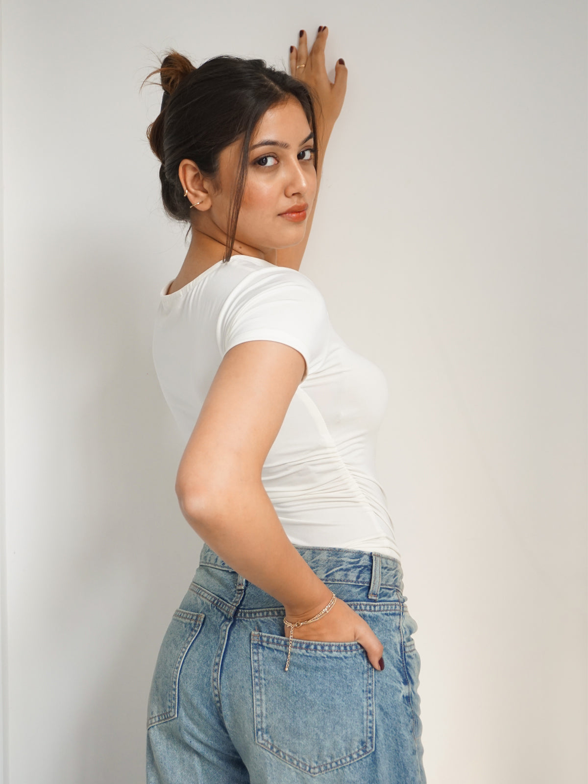 White Ruched Round Neck Top