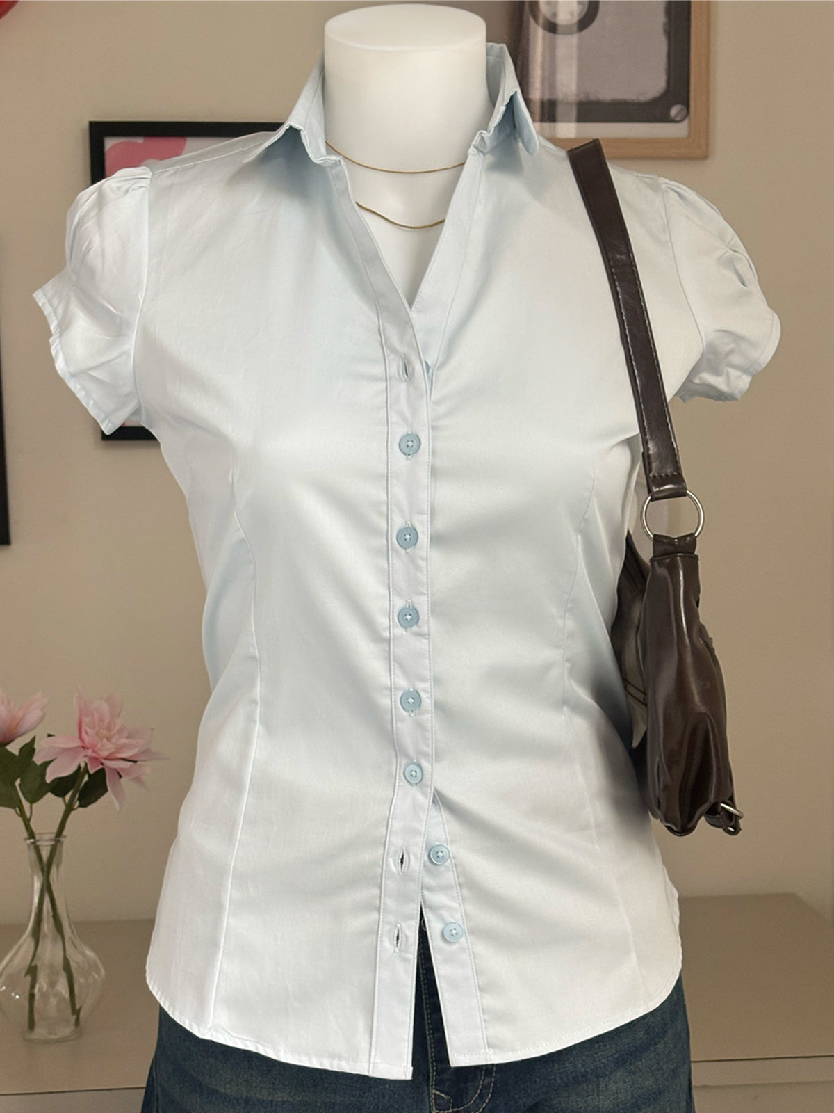 Powder Blue Short Sleeve Y2K Fitted Shirt