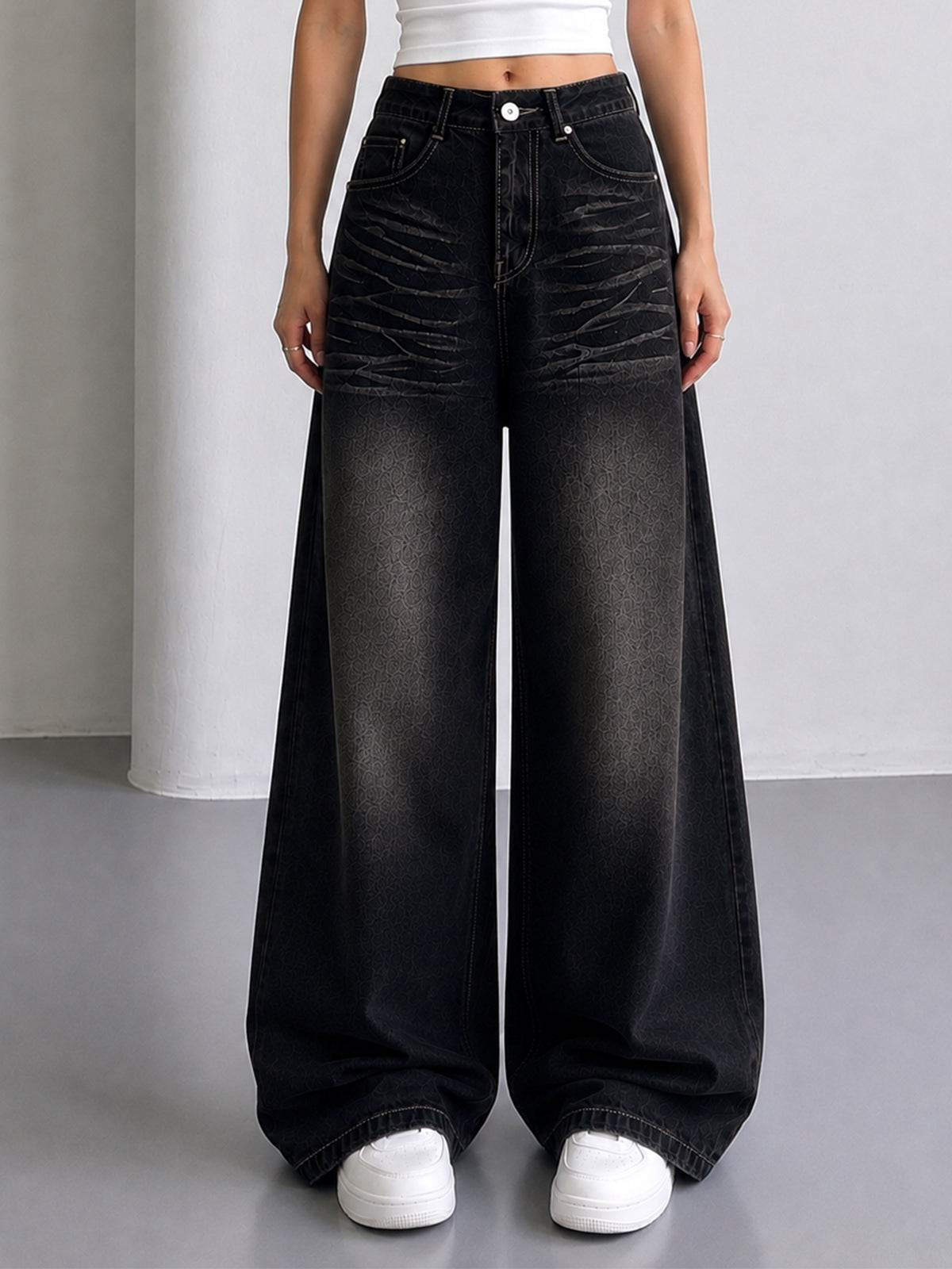 Shadow Black Whisker Super Wide Leg Jeans