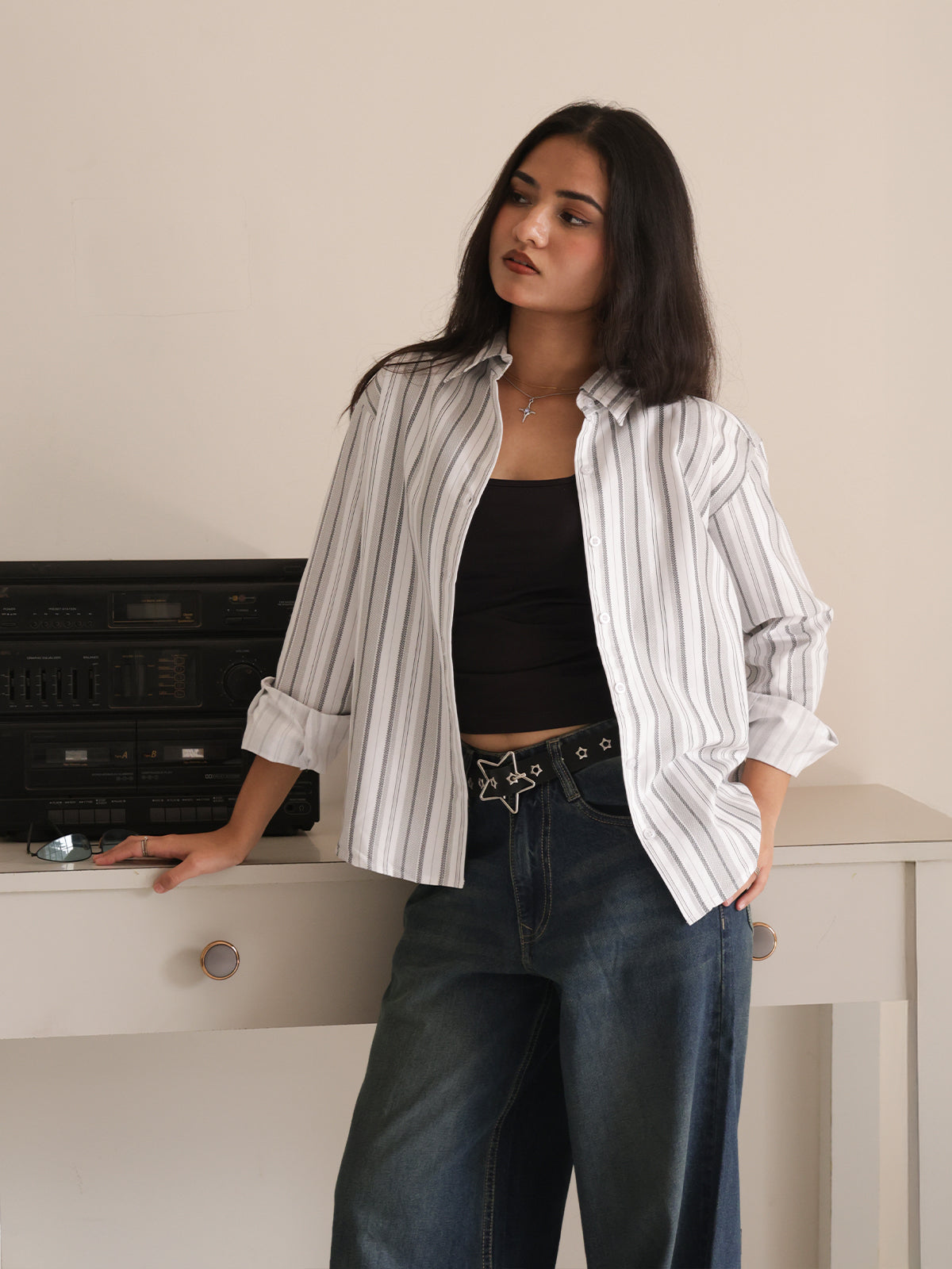 White & Grey Striped Dad Fit Shirt