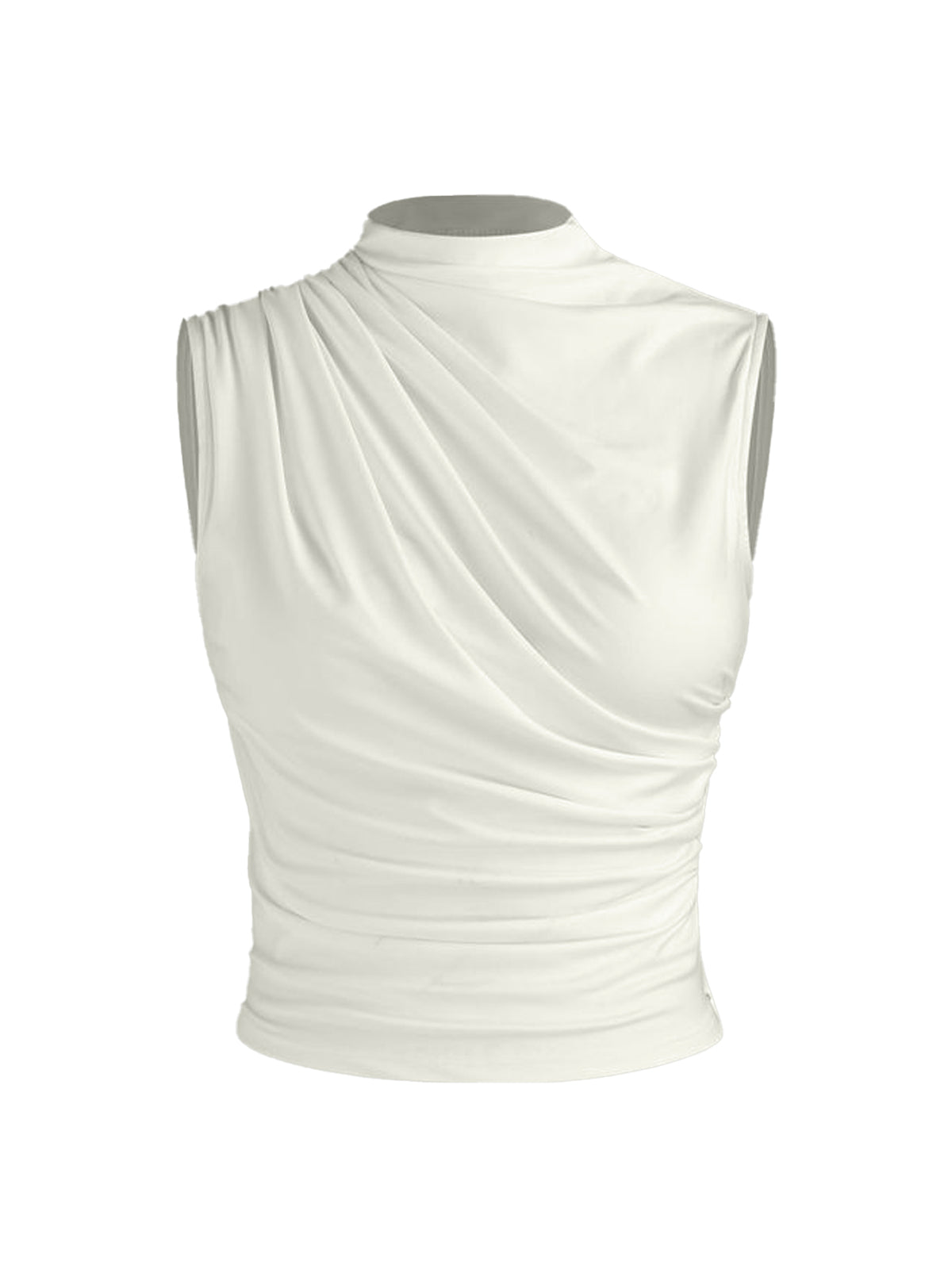 White Chic Gathered High Neck Top