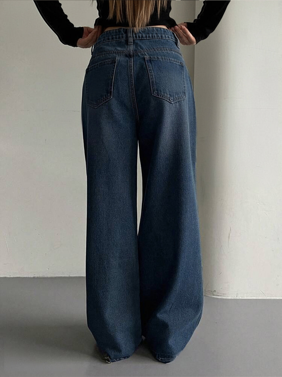 Dark Blue Whisker Y2K Wide Leg Jeans