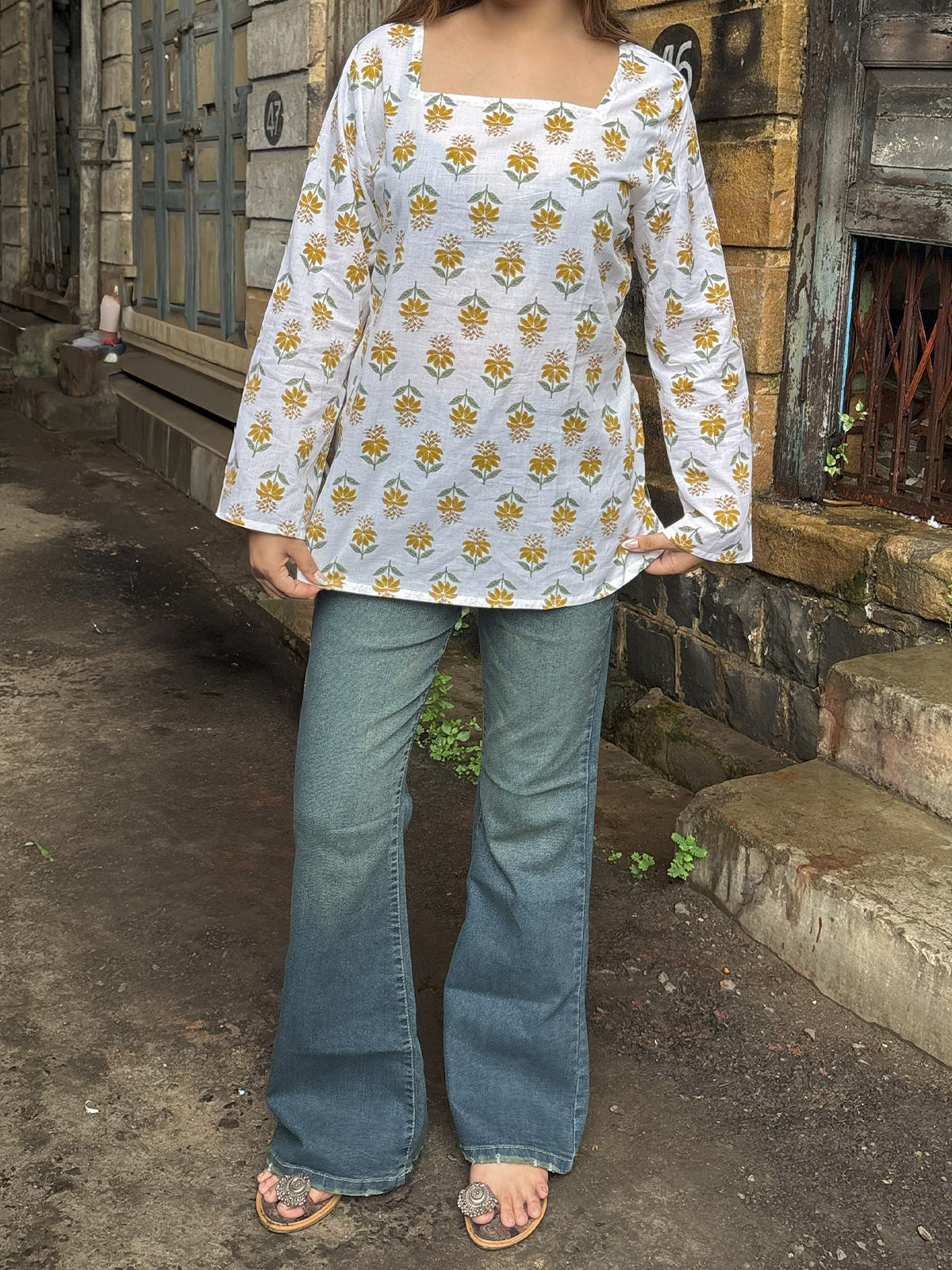 Saroj Square Neck Flared Sleeve Short Kurti