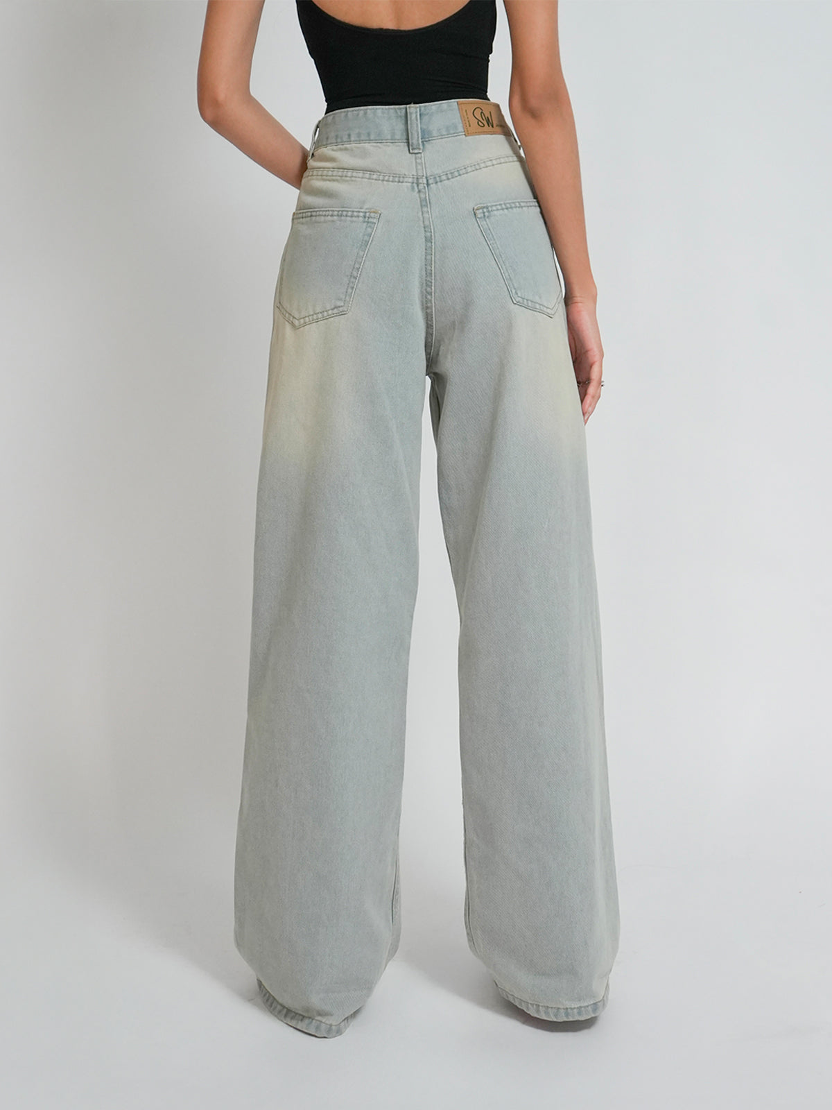 Pale Blue Dirty Wash Wide Leg Jeans