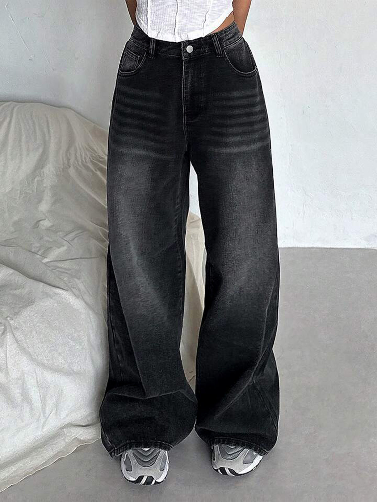 Retro Black Washed Super Wide Leg Jeans