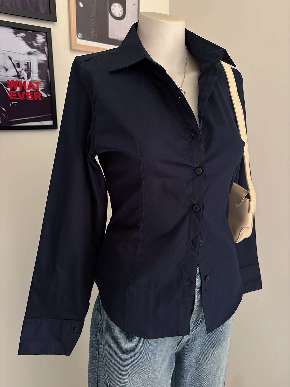 Navy Long Sleeve Y2K Fitted Shirt