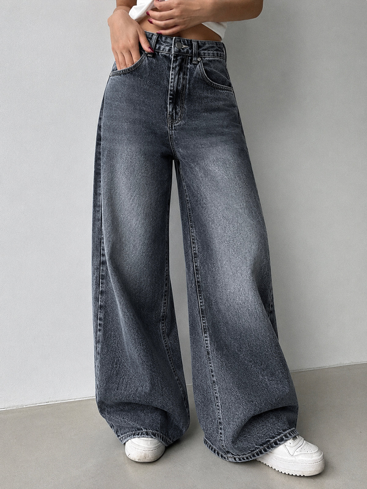 80'S Ash Grey Washed Super Wide Leg Jeans