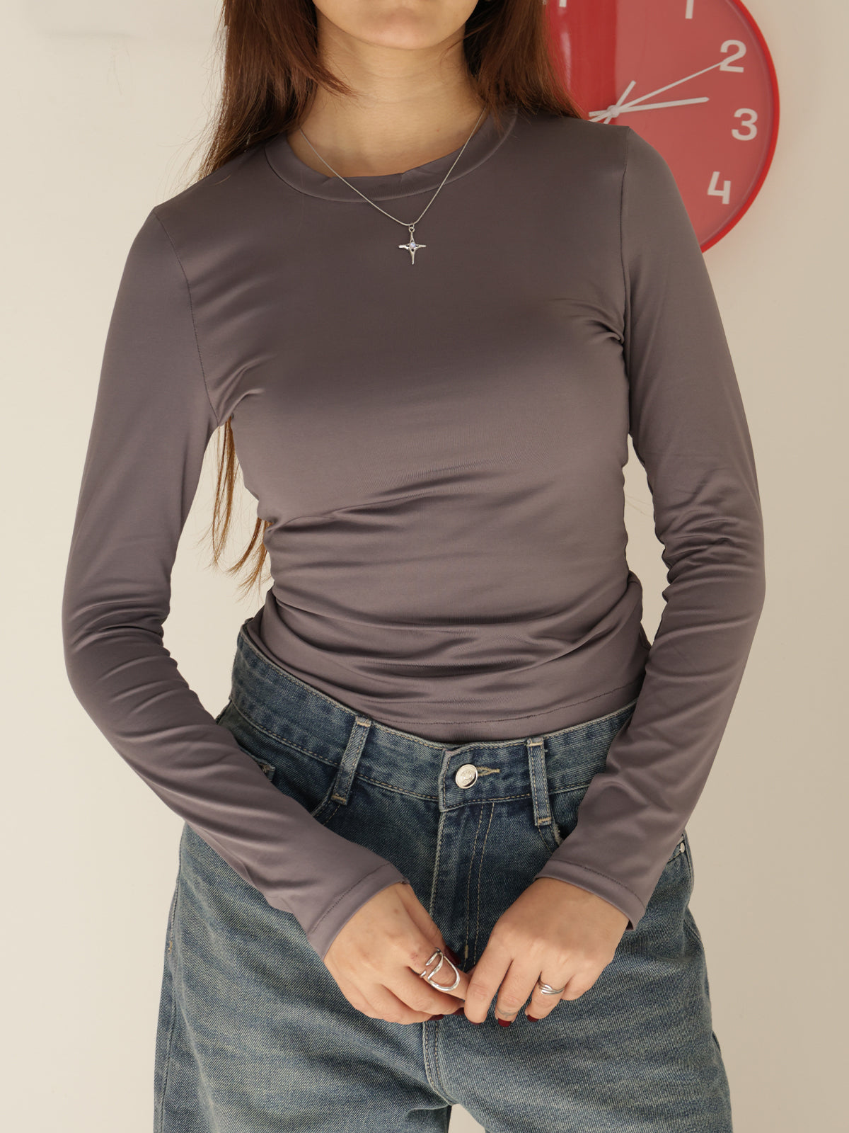 Dark Grey Crew Neck Long Sleeve Slim Fit Top