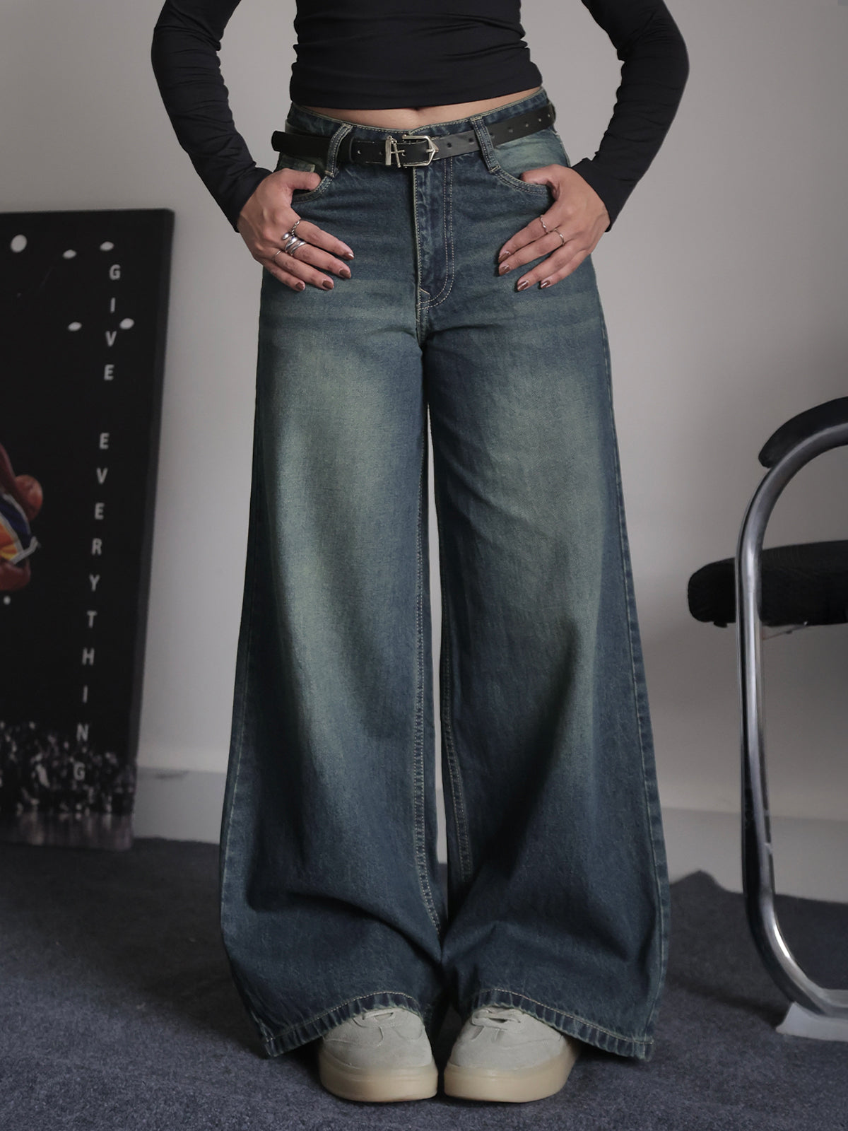 Retro Street Blue Tinted Low Waist Wide Leg Jeans