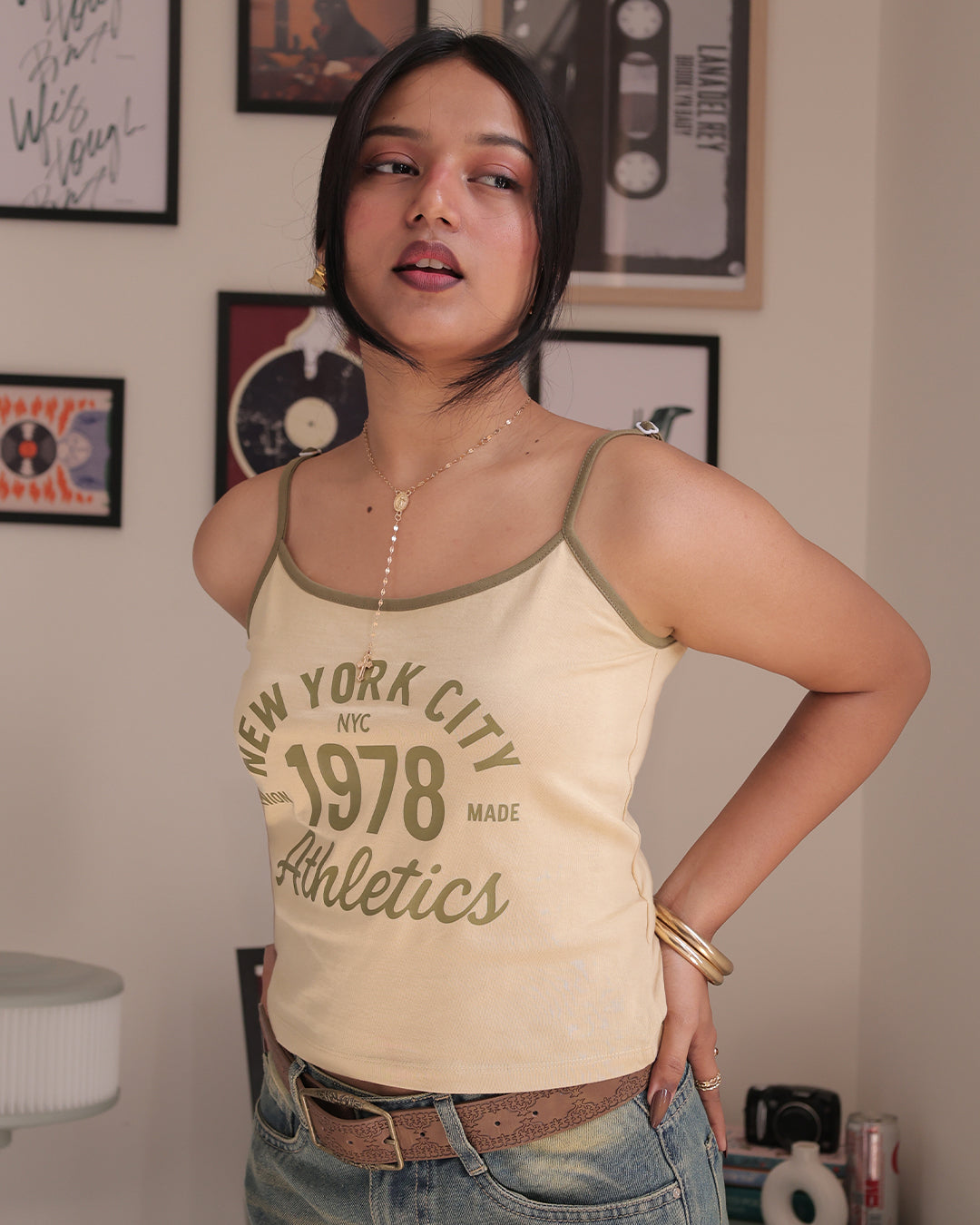 Beige New York City Contrast Detail Cami Top