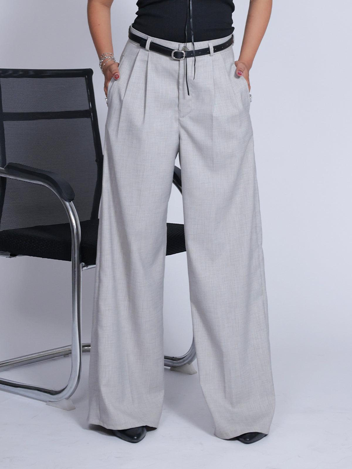 Oat Milk Belted Wide Leg Korean Pant