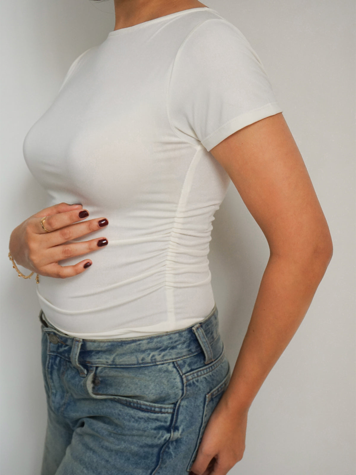 White Ruched Round Neck Top