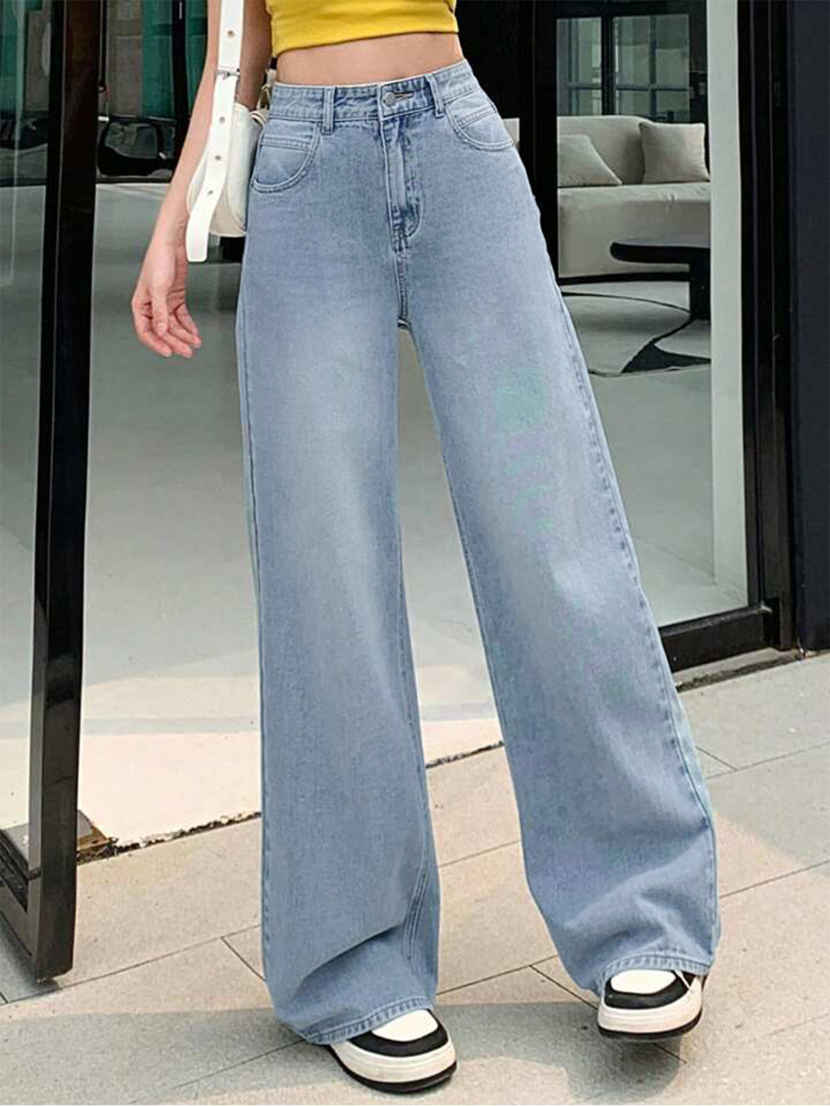 90'S Ice Blue Whisker Super Wide Leg Jeans