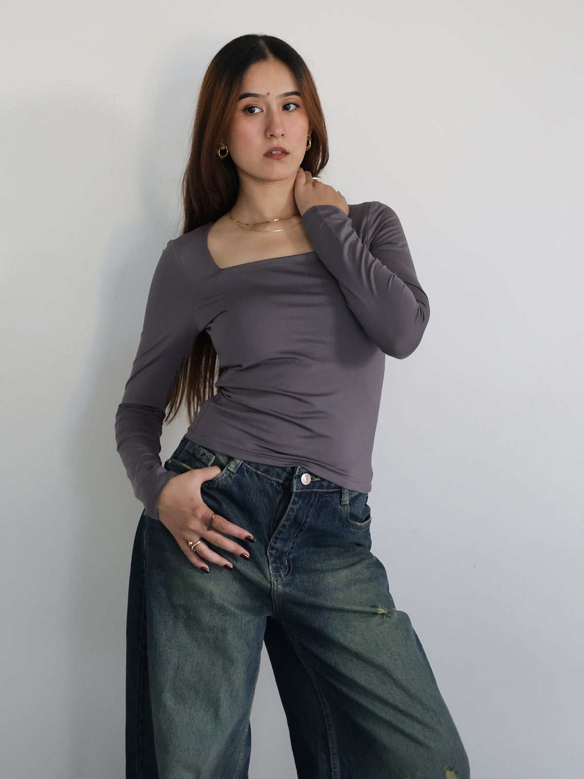 Dark Grey Square Neck Long Sleeve Slim Fit Top