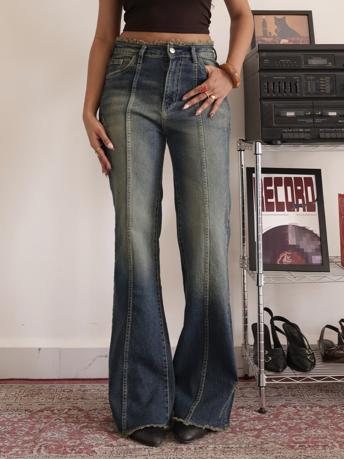 70s Stellar Blue Panelled Frayed Bootcut Jeans