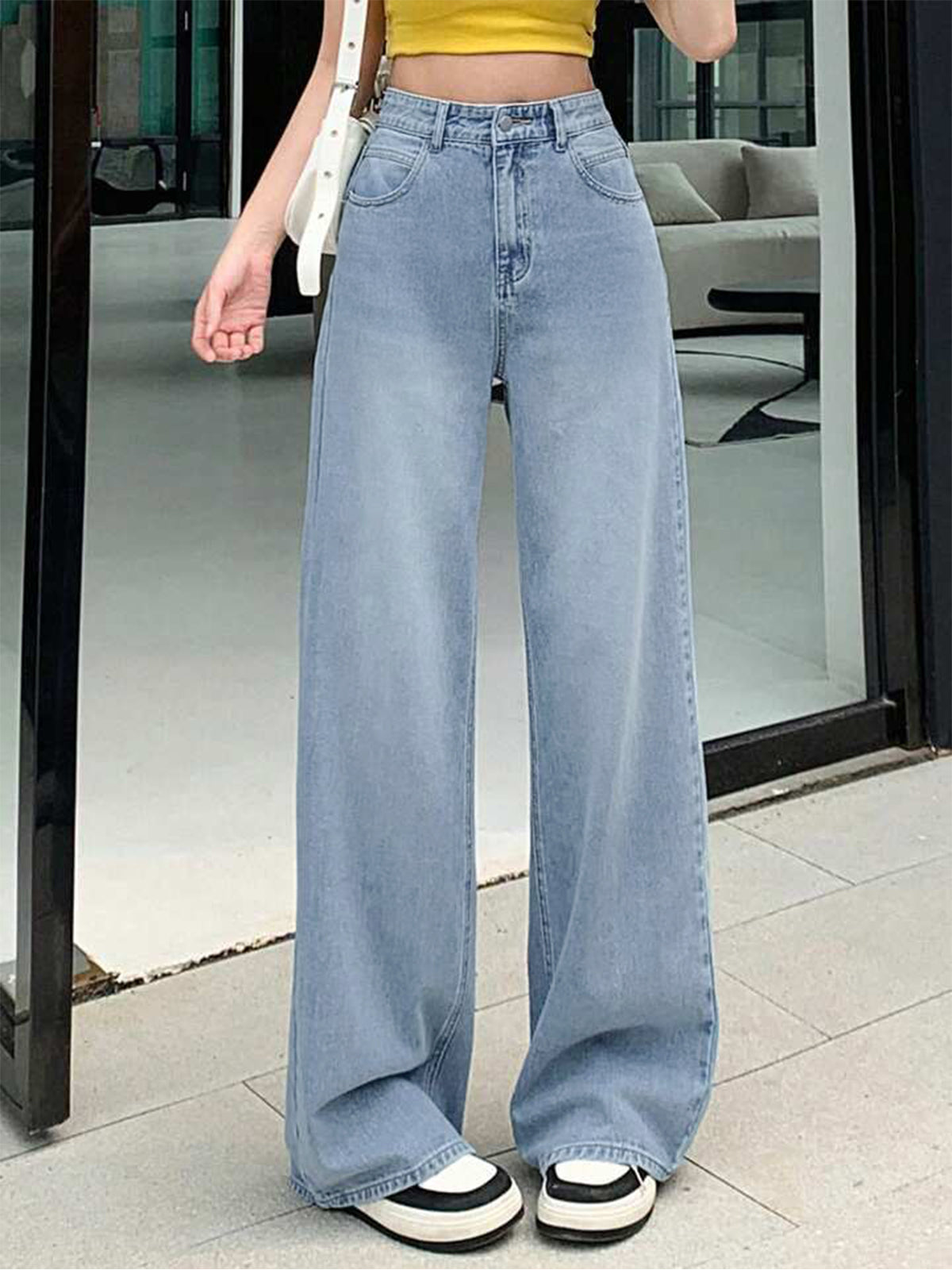 90'S Ice Blue Whisker Super Wide Leg Jeans