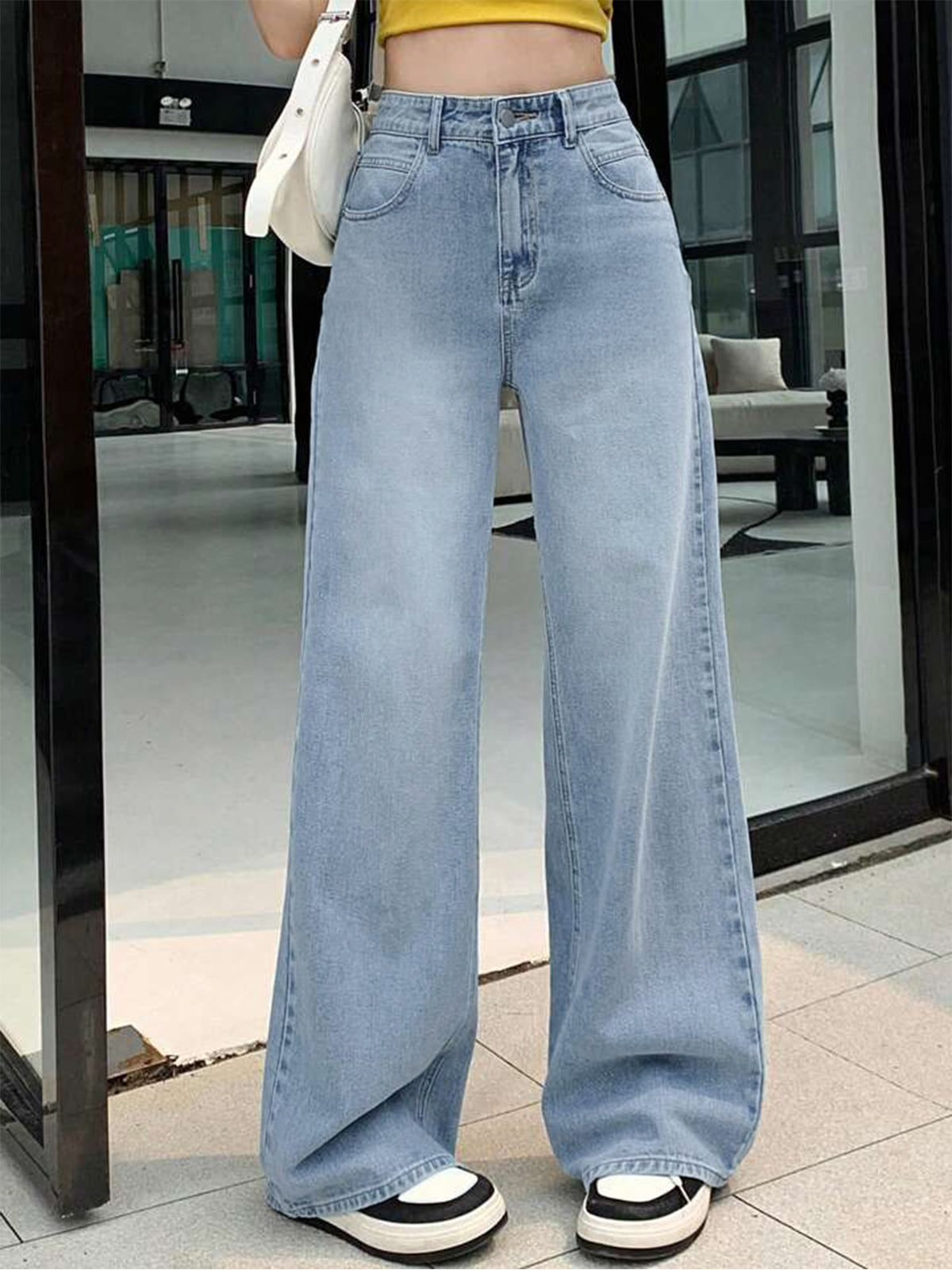 90'S Ice Blue Whisker Super Wide Leg Jeans