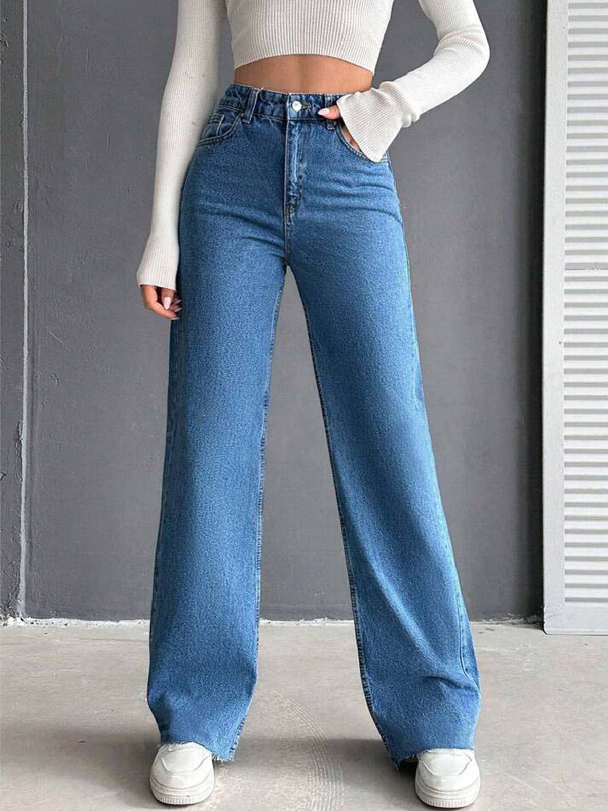 Stone Blue Raw Hem Straight Leg Jeans