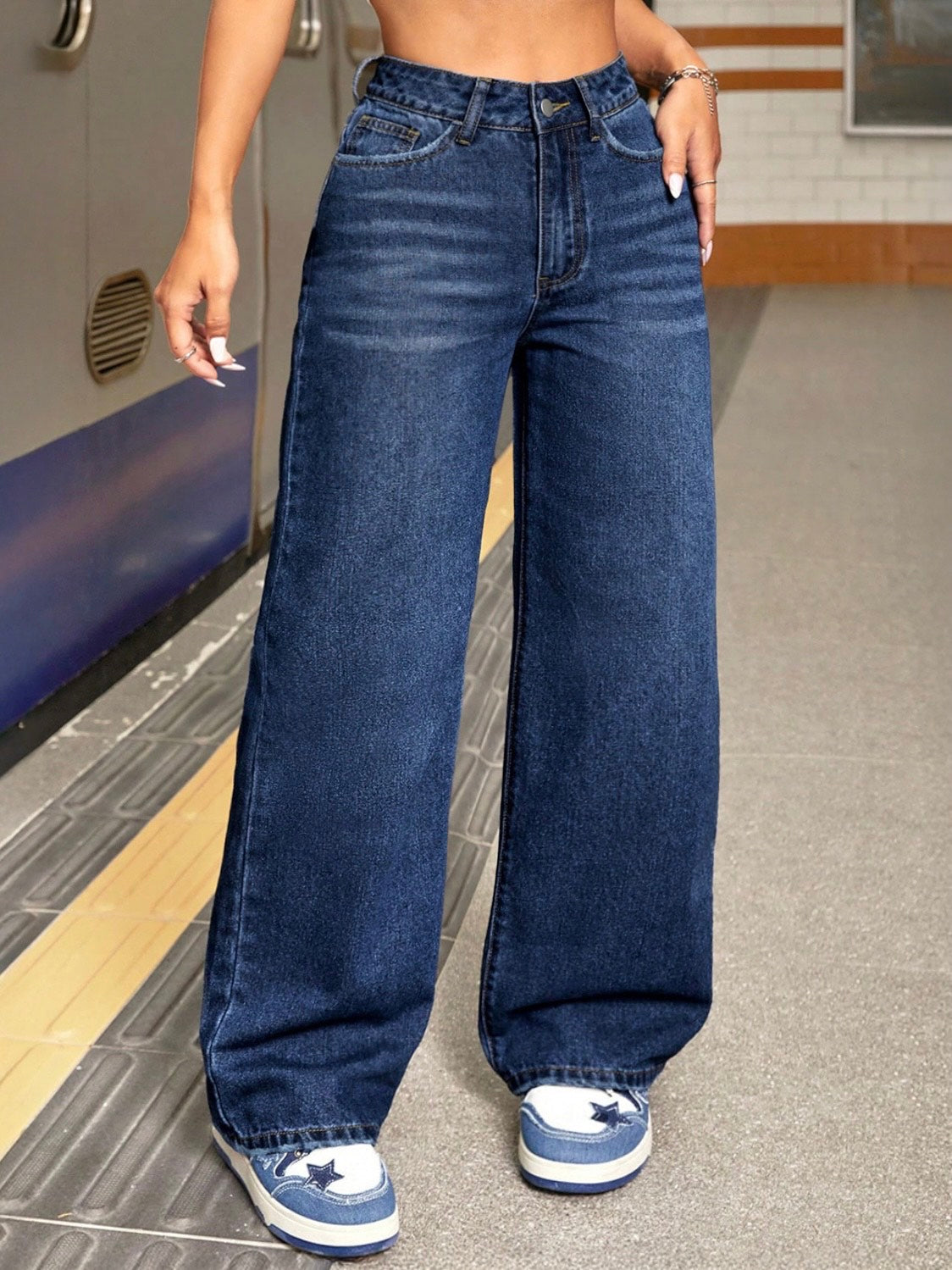 Dark Blue Washed Straight Leg Jeans