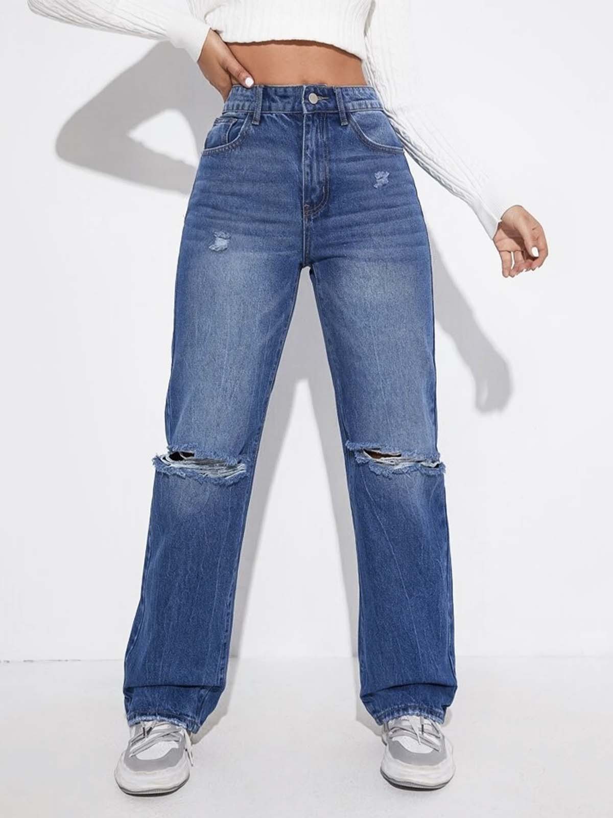 Stone Blue Whisker Ripped Straight Leg Jeans