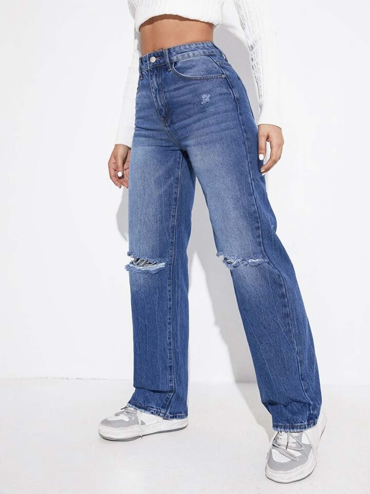 Stone Blue Whisker Ripped Straight Leg Jeans
