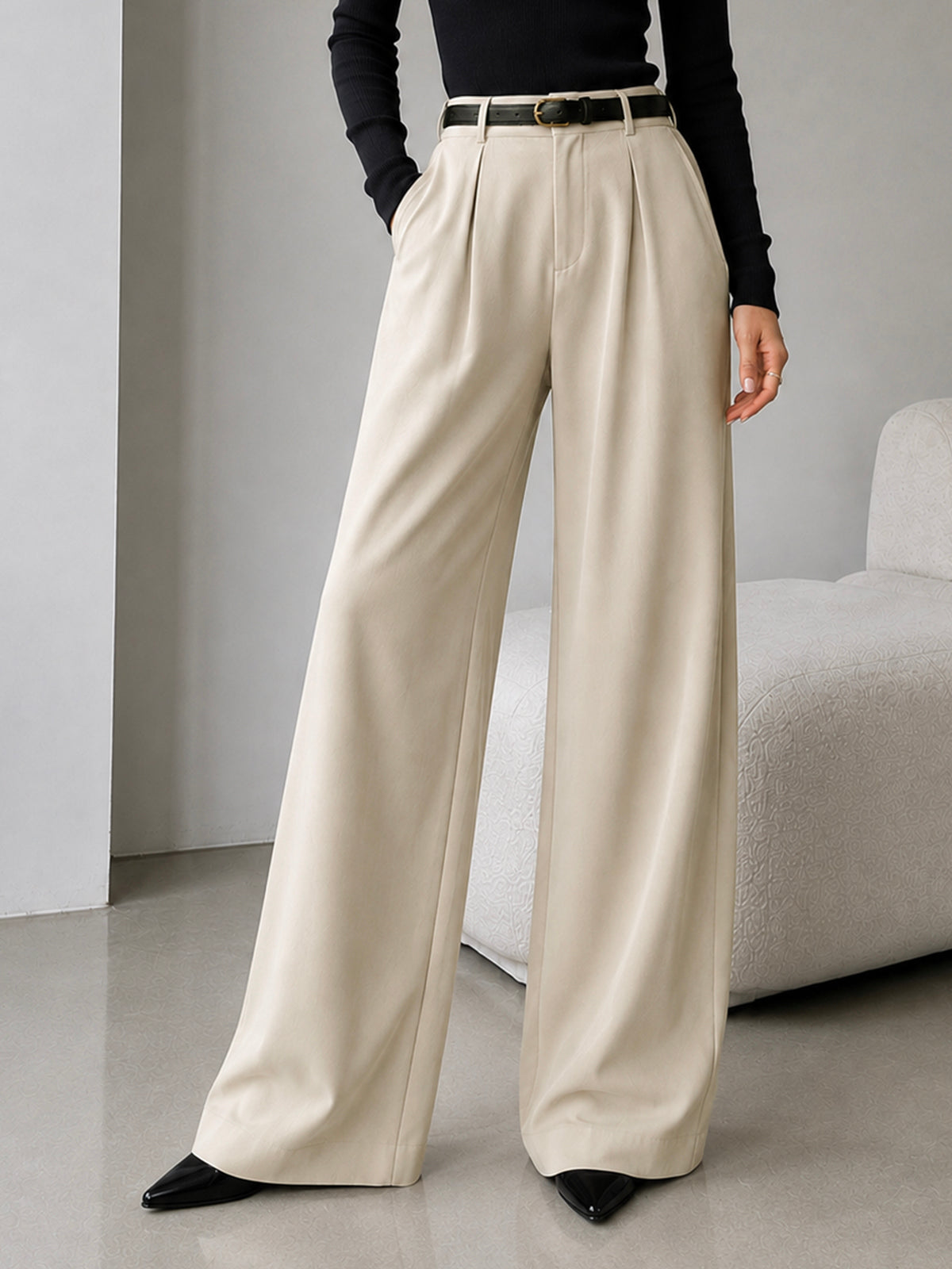 Vanilla Beige Pleated Wide Leg Korean Pants