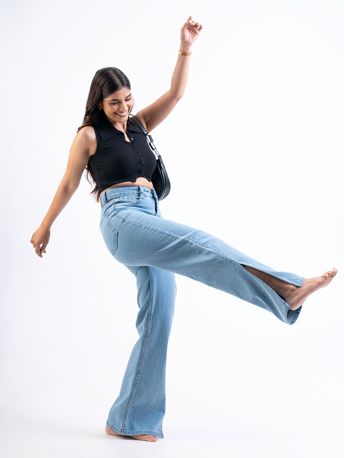 Ice Blue Slit High Waist wide Leg Jeans