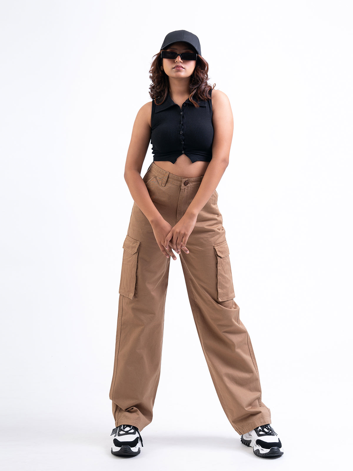 Tan High Waist Baggy Fit Twill Cargo Trouser