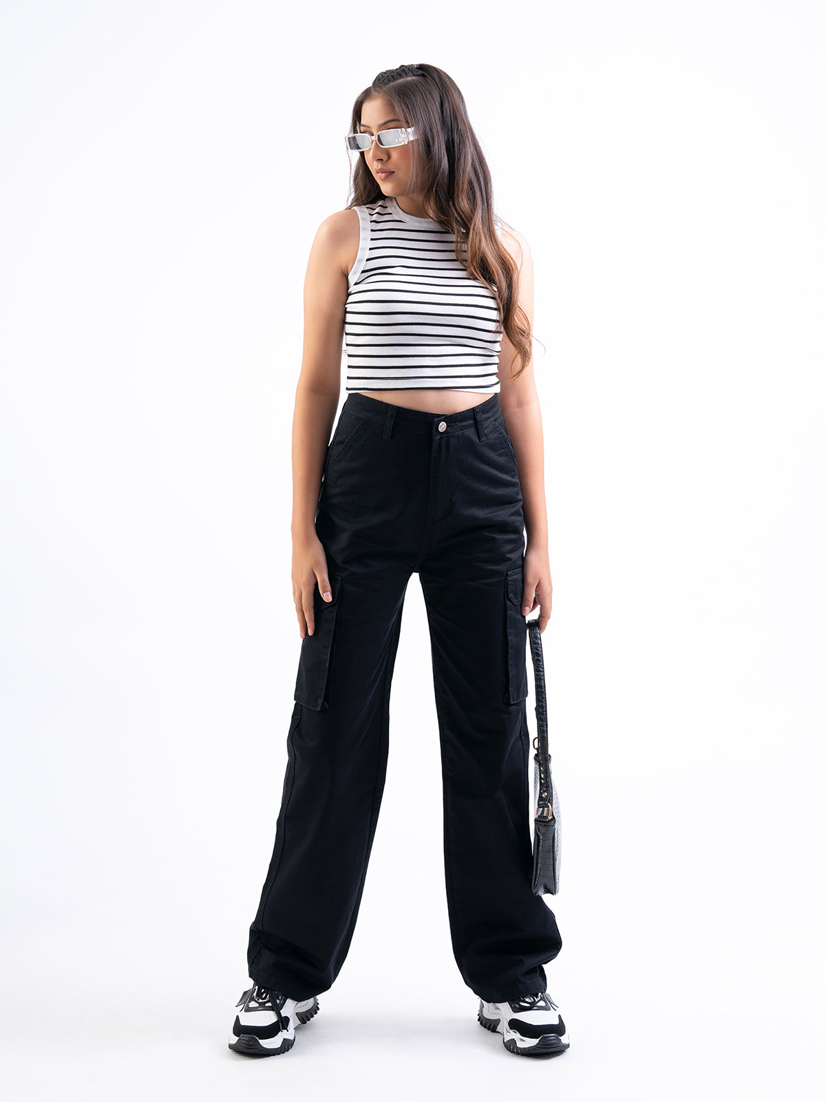 Black High Waist Baggy Fit Twill Cargo Trouser